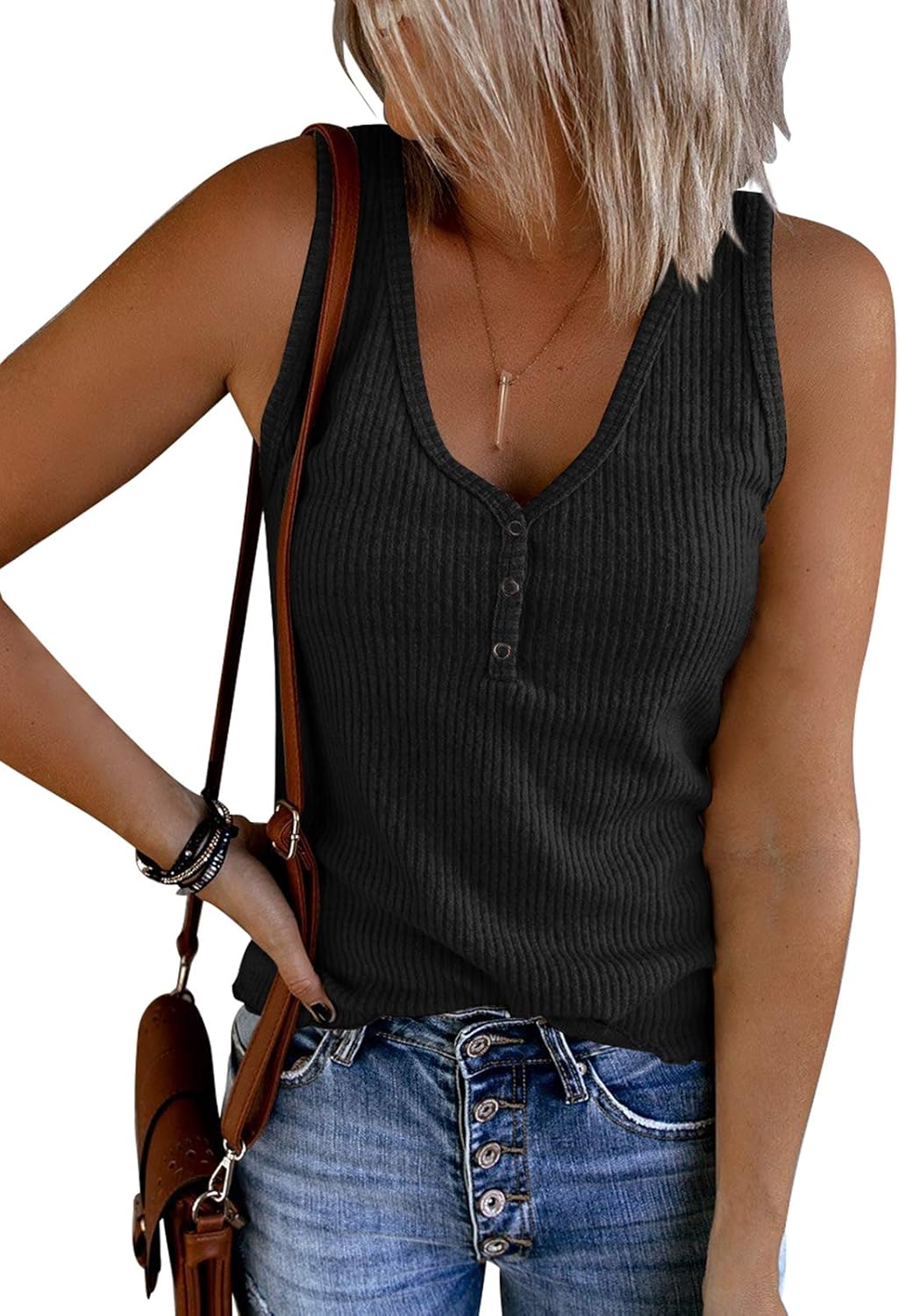 Detalle 2 de Saodimallsu Damen Tank Tops V-Ausschnitt – Rippenstrick, schlank, sommerlich