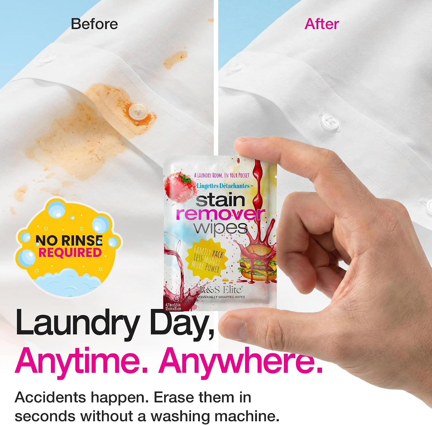 Detalle 2 de R&S ELITE Stain Remover Wipes, 50 Individually Wrapped, Bleach-Free Sheets