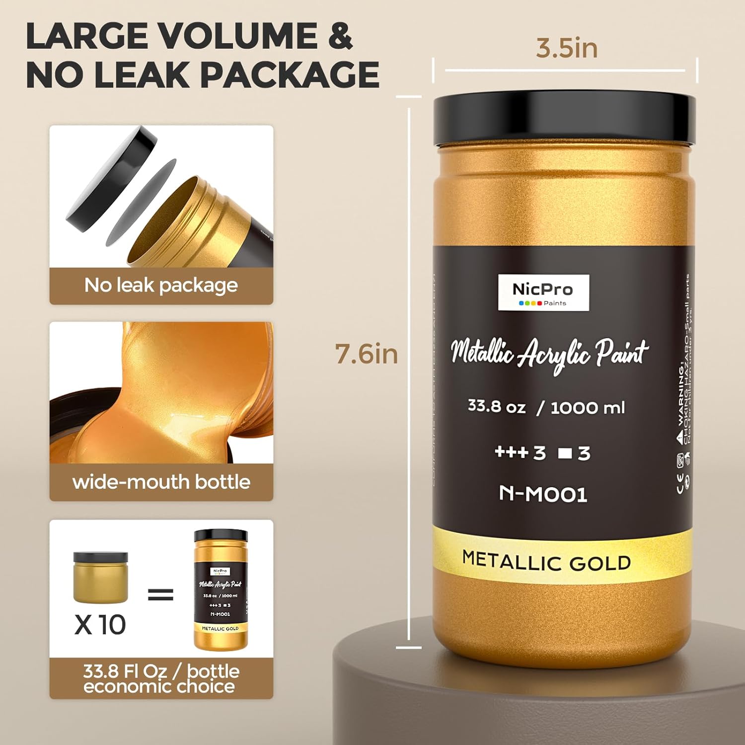Thumbnail 6 de Nicpro Metallic Gold Acrylic Paint (33.8oz/1000ml) – Non-toxic, quick-drying gold leaf effect for multi-surface art