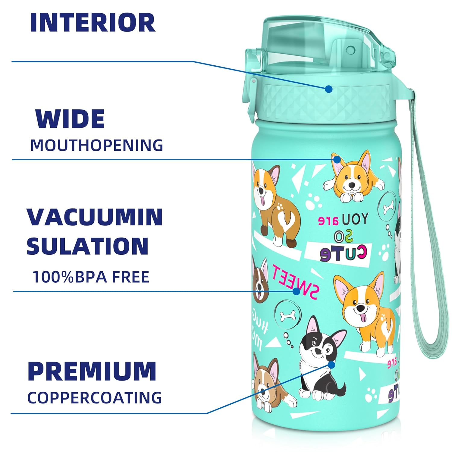 Detalle 2 de GOPPUS Kinder-Trinkflasche 420 ml aus Edelstahl mit Strohhalm und auslaufsicherem Deckel (BPA-frei)
