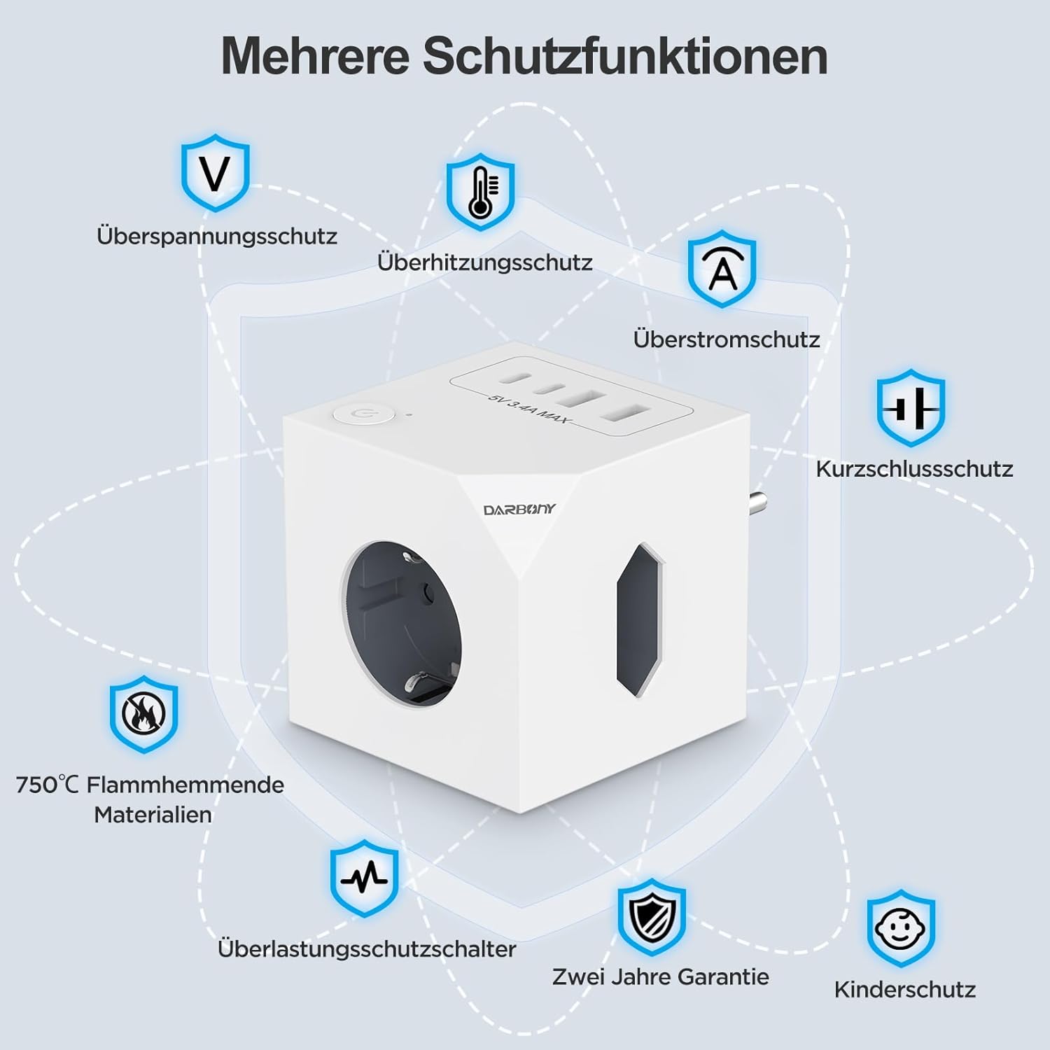 Thumbnail 2 de Steckdosenwürfel ohne Kabel – 3-fach Mehrfachsteckdose mit 2×USB‑C und 4×USB, Schalter & Schutz (3680 W, 16 A), weiß