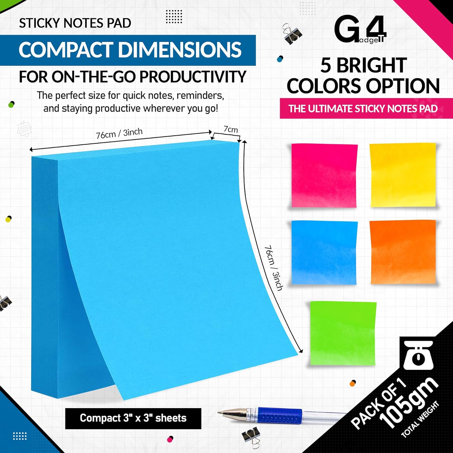 Detalle 2 de G4GADGET 800pcs Sticky Notes 75x75mm – 2 Cube (10 Pads of 80 Sheets) in 5 Colours