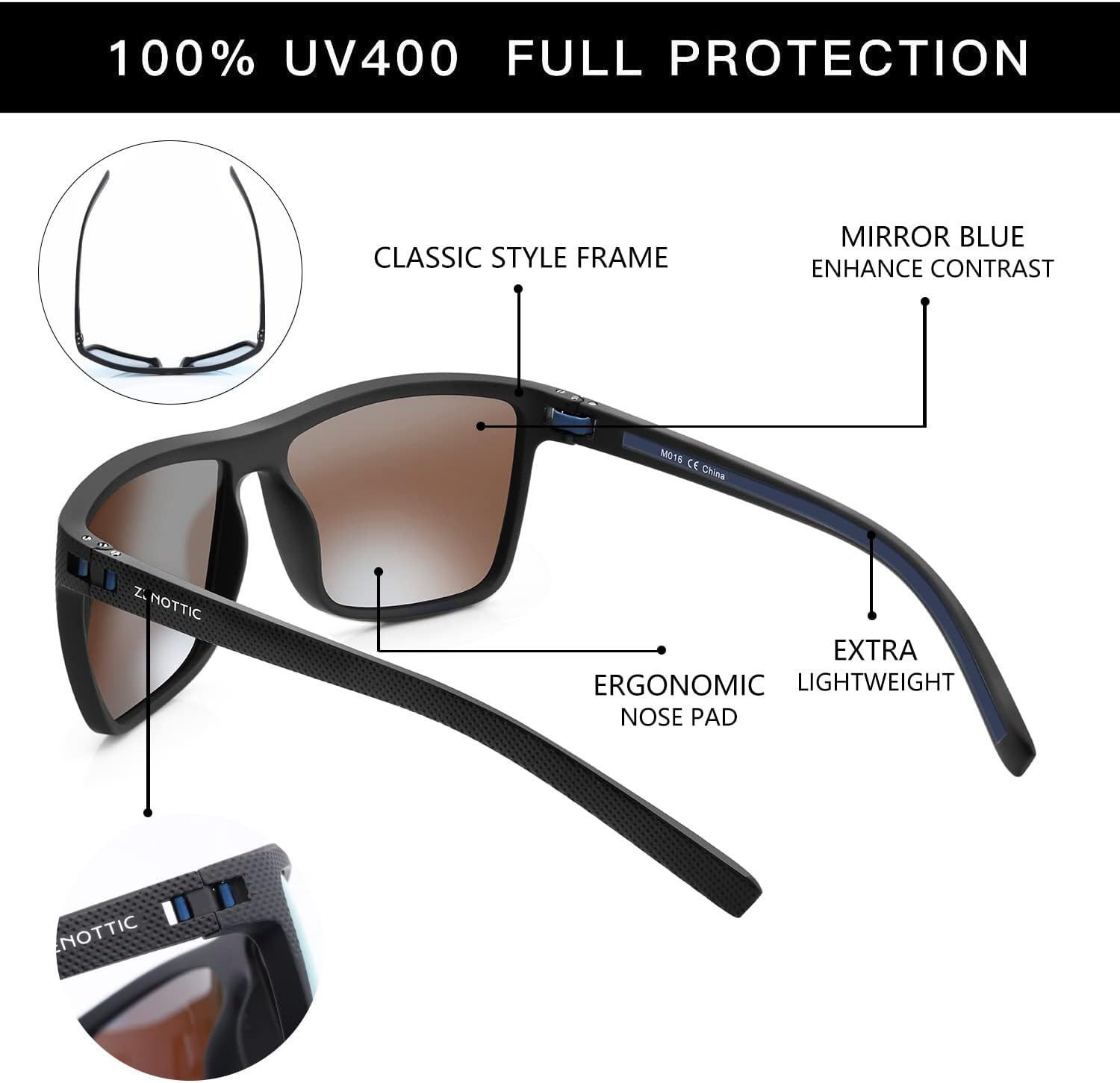 Detalle 2 de ZENOTTIC Polarisierte Sonnenbrille Herren – Leichte TR90 Rahmen, UV400 Schutz