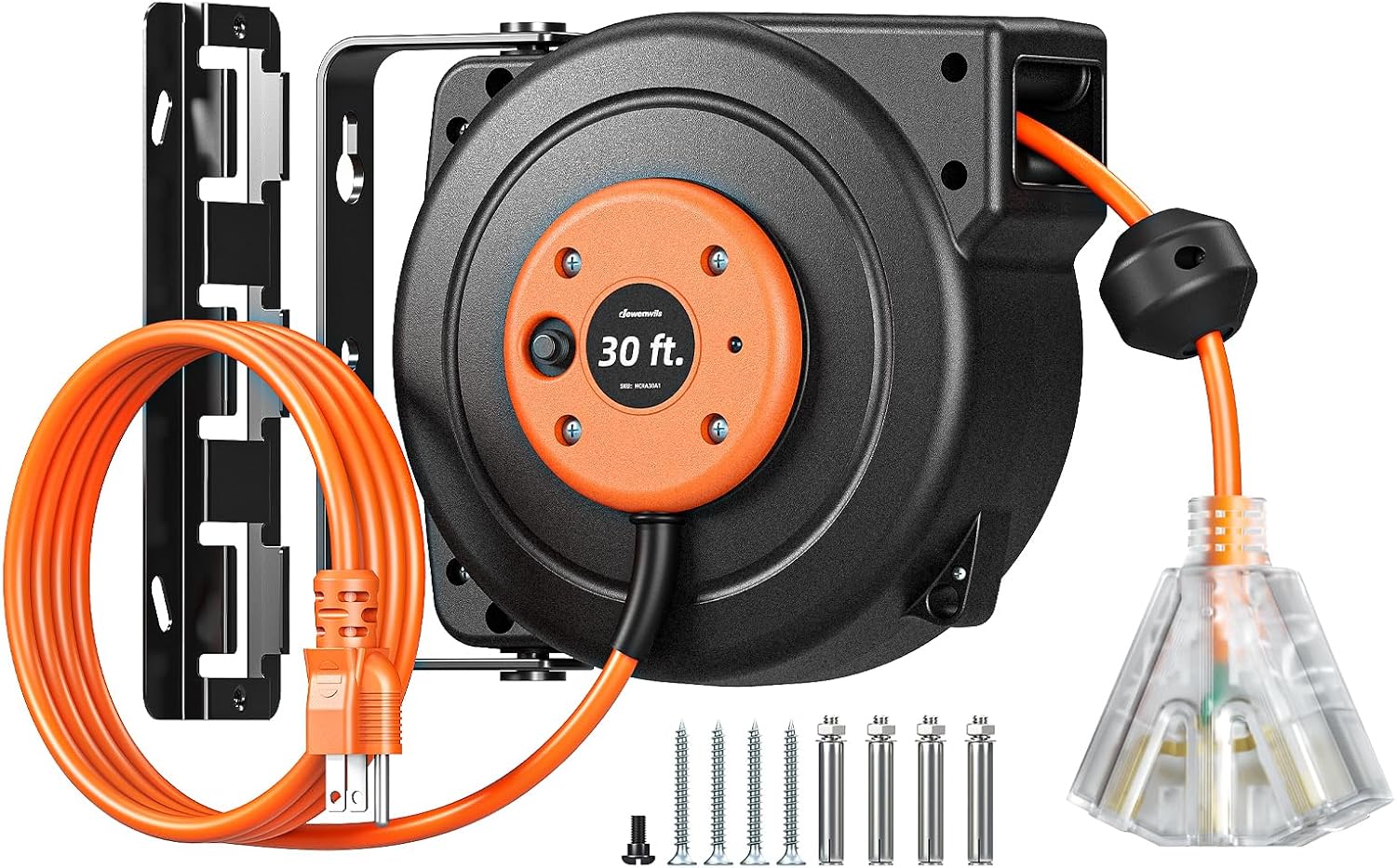 Detalle de DEWENWILS DL-601 30 ft Extension Cord Reel, 16/3C Cable, Three Outlets