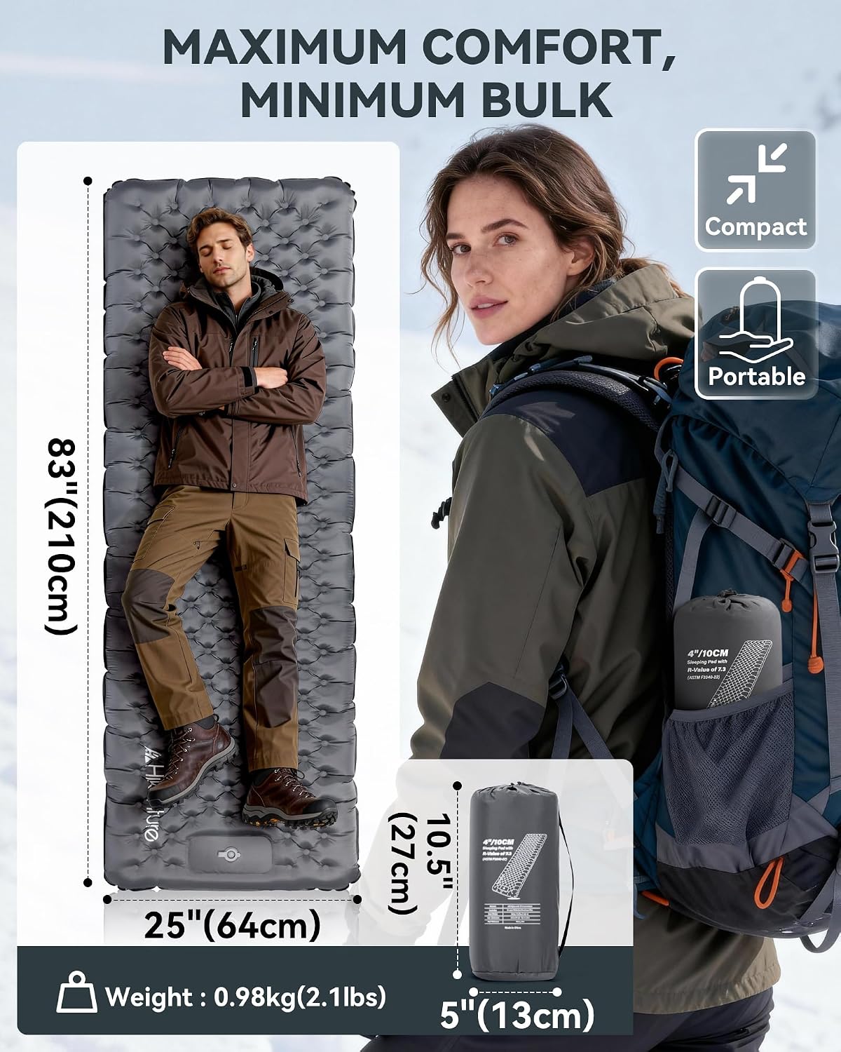 Thumbnail 4 de Hikenture 7.3 R-Value Insulated Sleeping Pad – 210 x 64 cm, 10 cm Thick with Built‑in Foot Pump