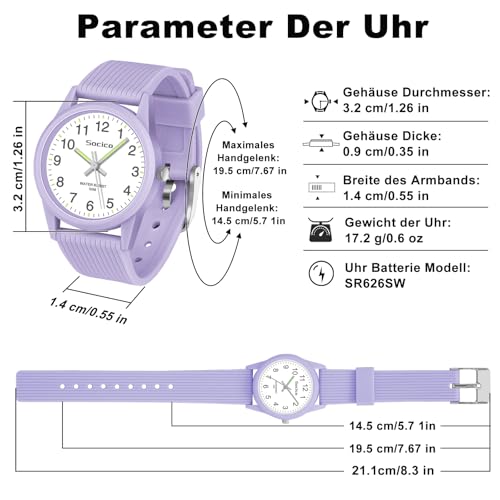 Thumbnail 6 de SOCICO Kinder Analog Uhr – Lila, 50 m Wasserdicht, Großes Zifferblatt, Weiches Band, Für 4–12 Jahre