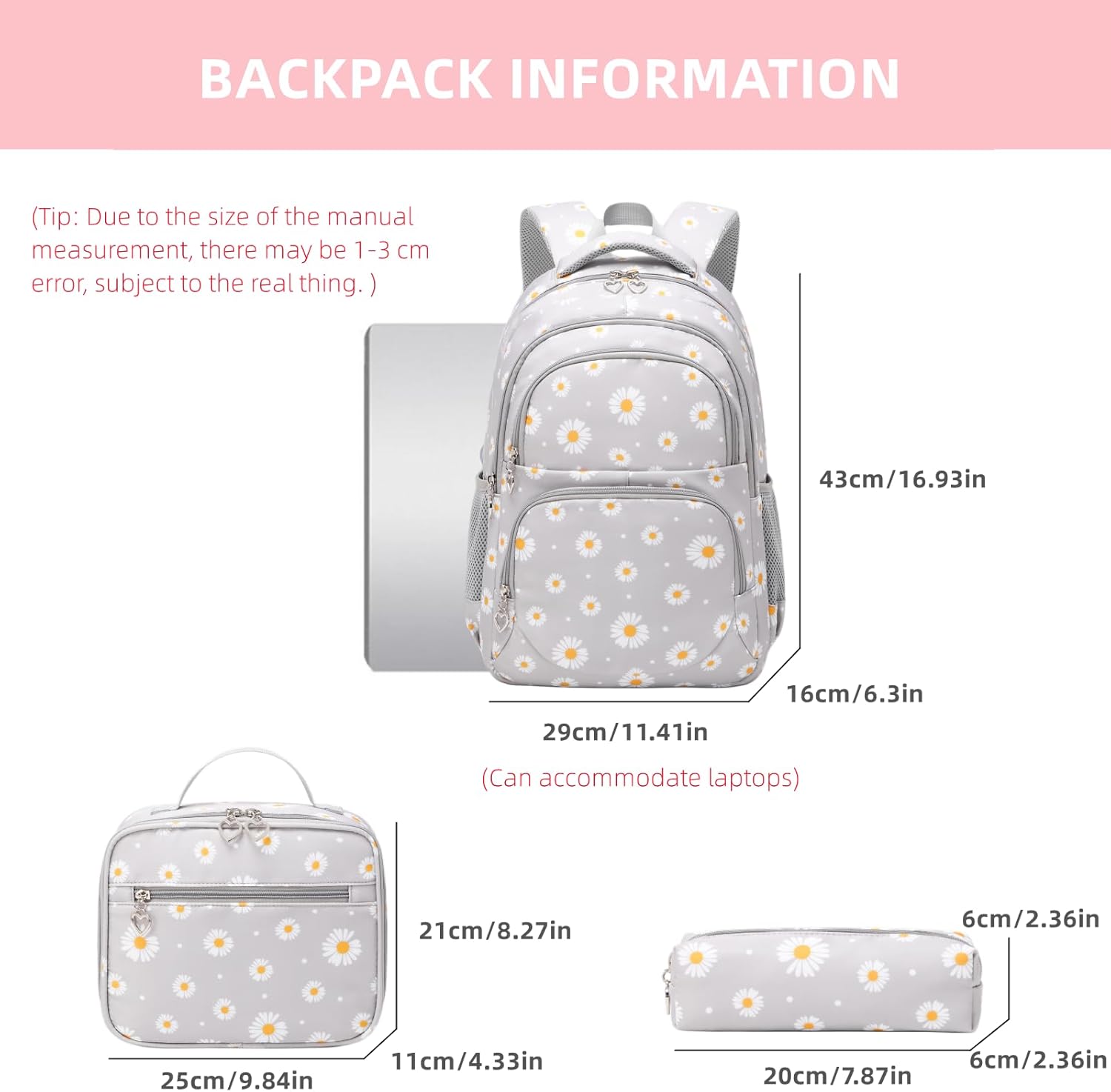 Detalle de Armbq Daisy Prints Girls School Bag: kids’ 3-piece backpack with insulated lunch bag