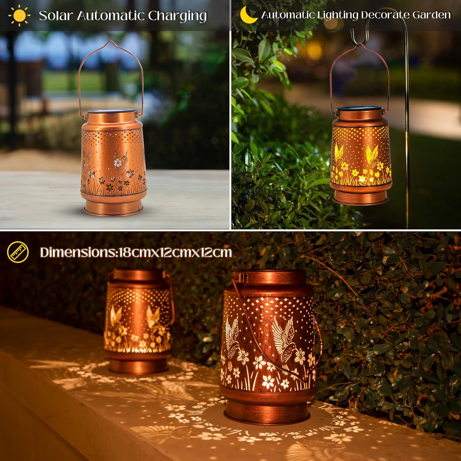 Thumbnail 5 de TickTime 2 Pack Hummingbird Garden Solar Lanterns (Brown) – Copper-style vintage outdoor decorative lights