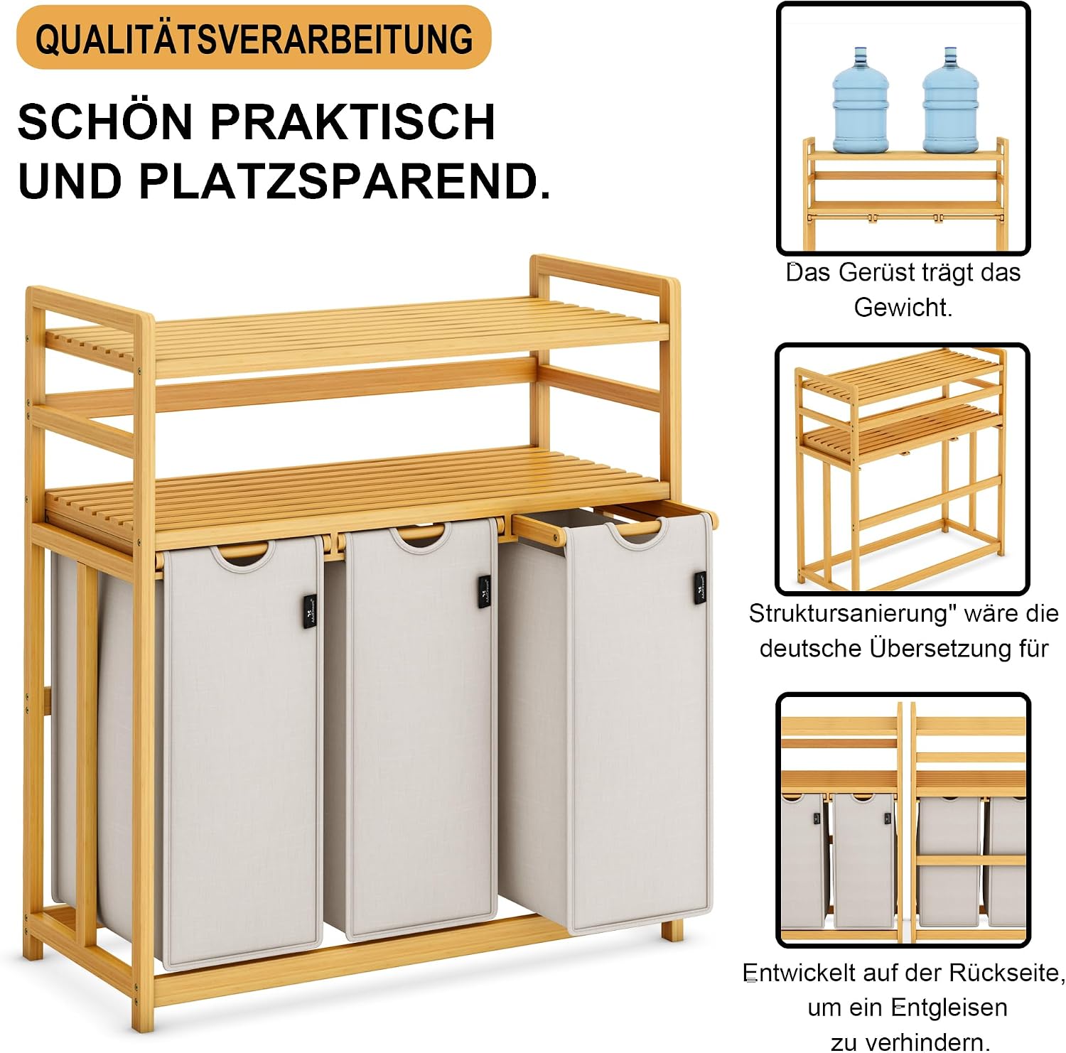 Detalle de ADEL DREAM Kuche-06 wasmand 150 l met 3 vakken, bamboe frame en 2 legplanken