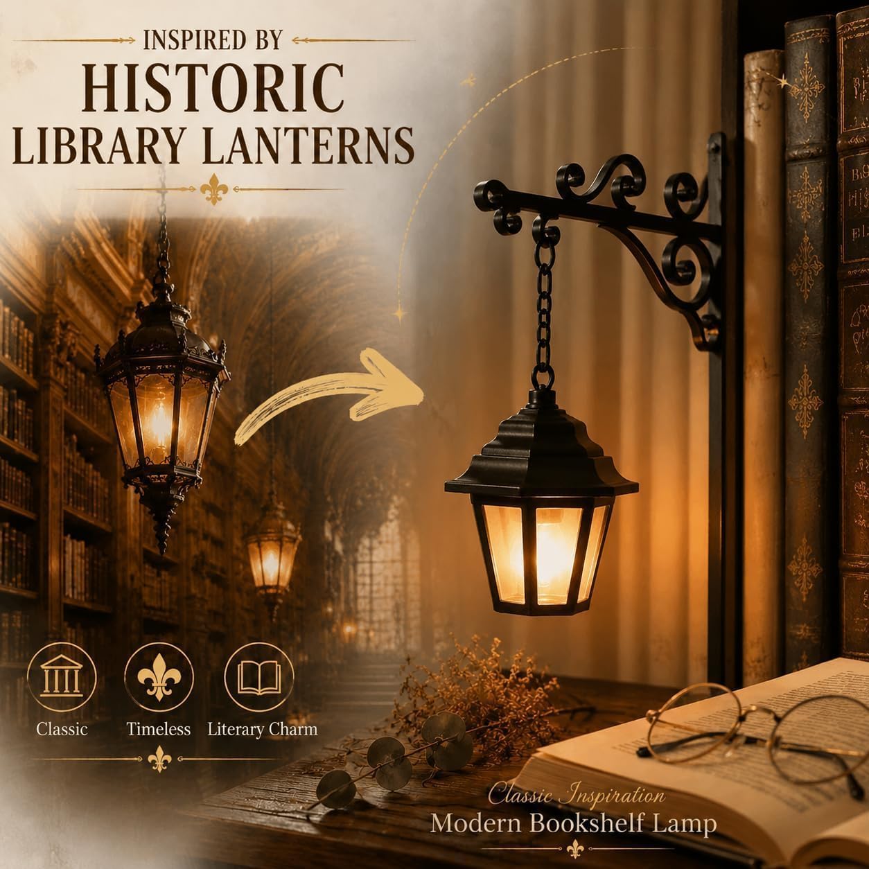 Detalle de ro hxizw bookshelf lamp, 3-Piece Iron Lantern Light with Warm LED Glow