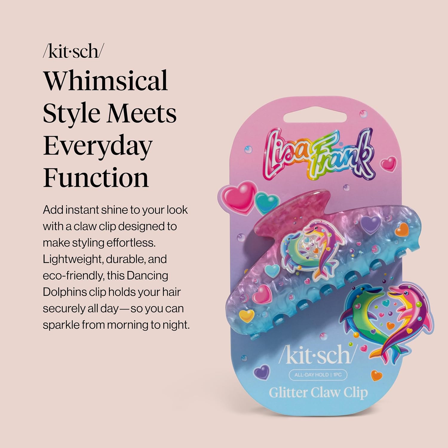 Detalle de Lisa Frank x Kitsch Dancing Dolphins Glitter Hair Claw Clip, Recycled Acrylic
