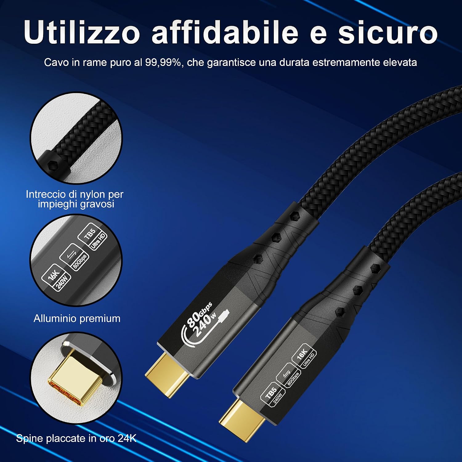 Detalle de Cavo USB 4 per Thunderbolt 5 di ZIKNYDO: performance estreme e potenza fino a 240 W