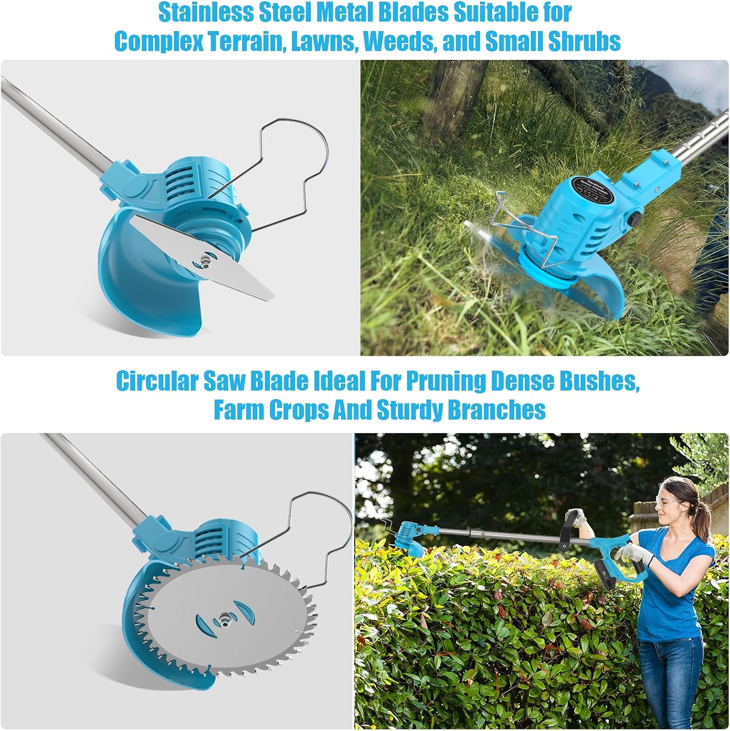 Thumbnail 3 de Cordless Strimmer 21V with 2 Batteries – Garden Trimmer with 2 Metal Blades, Pruning Shears and Adjustable Pole (Blue)