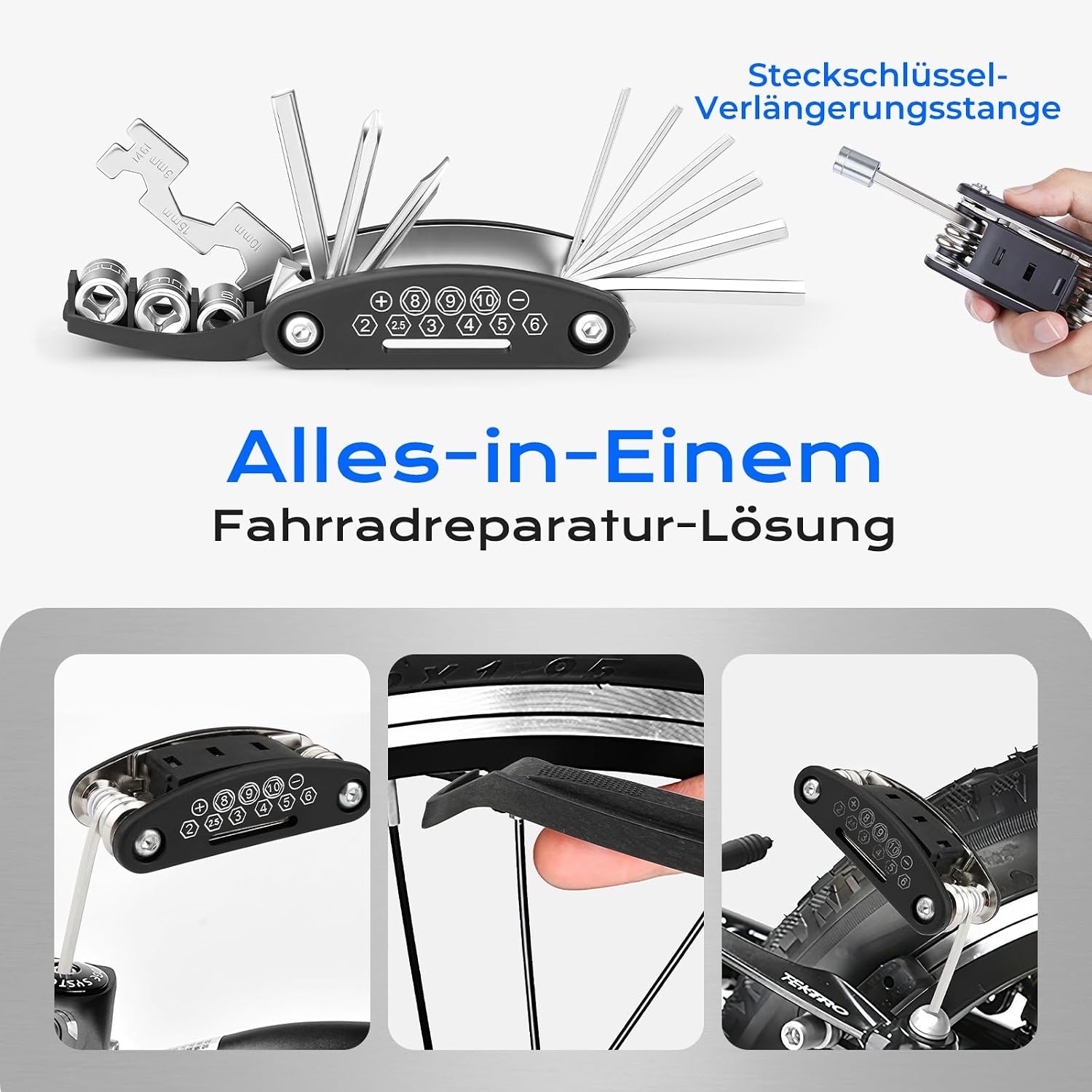 Detalle de Fahrrad Reparaturset 16-in-1 Kompakt aus Stahl Schwarz