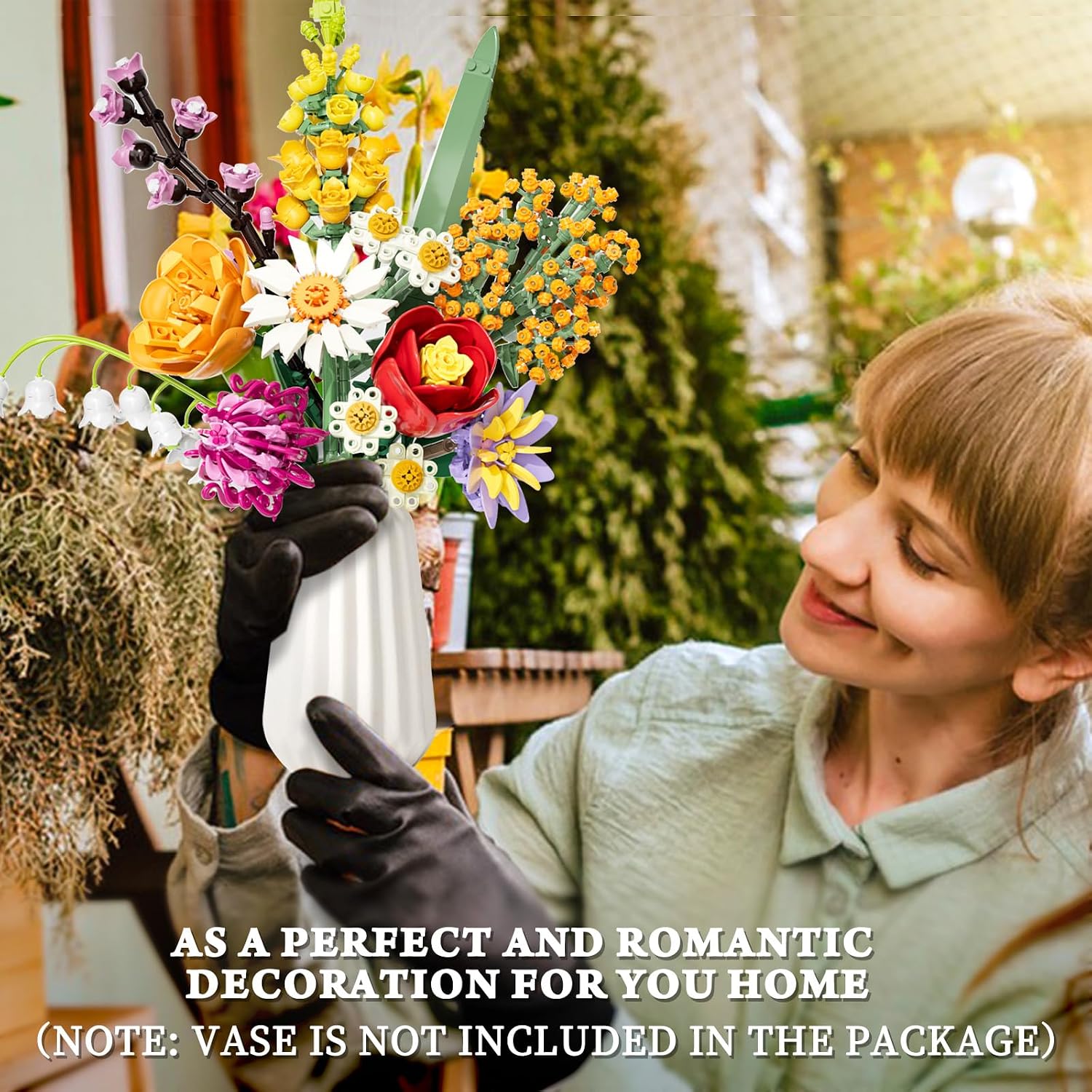 Detalle de Flowers Bouquet Building Sets for Adult – 1,070 PCS DIY artificial flower blocks kit with 10 flower types (No vase)