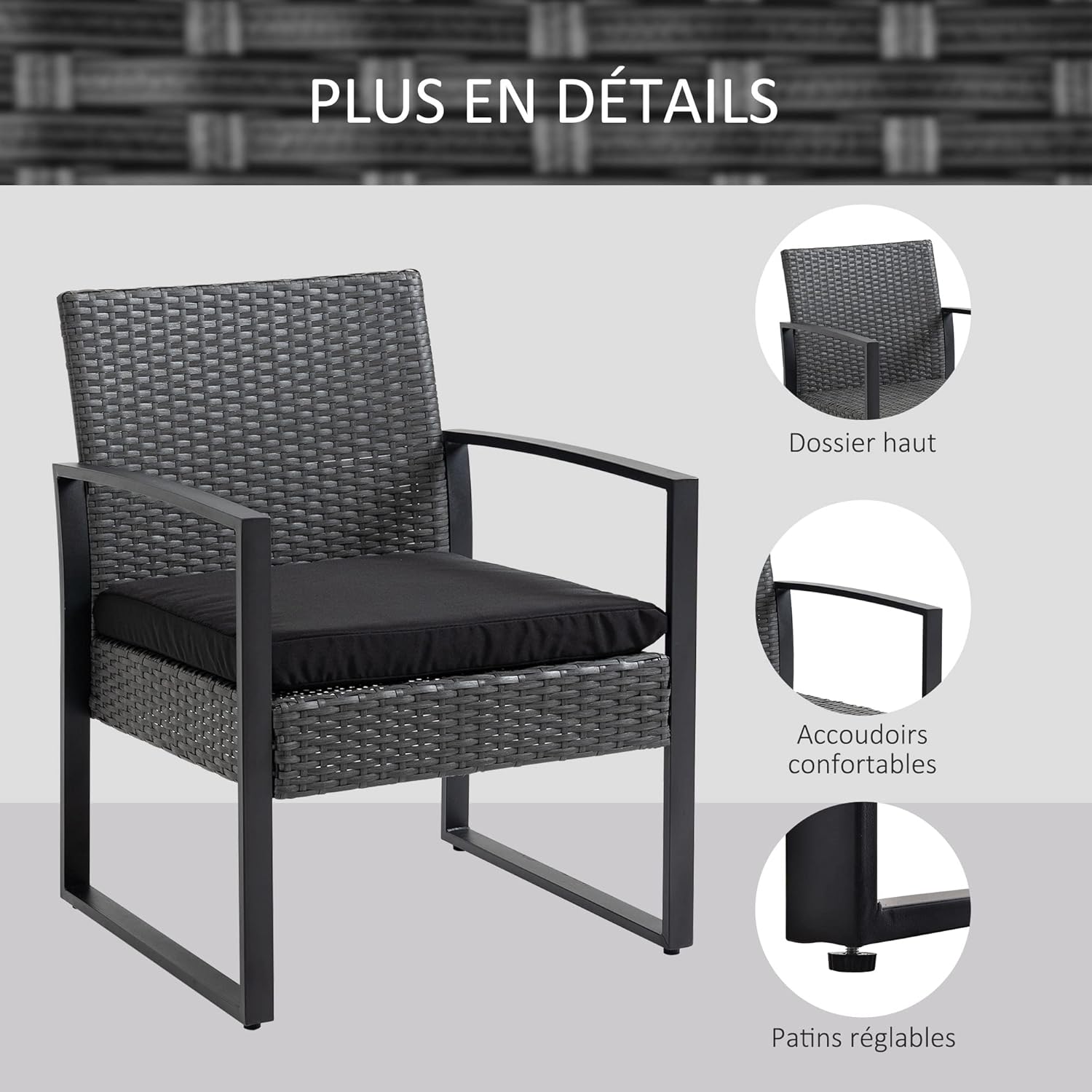 Thumbnail 4 de Outsunny Salon de Jardin 2 Places – Ensemble rotin PE avec Table Verre Trempé (gris)