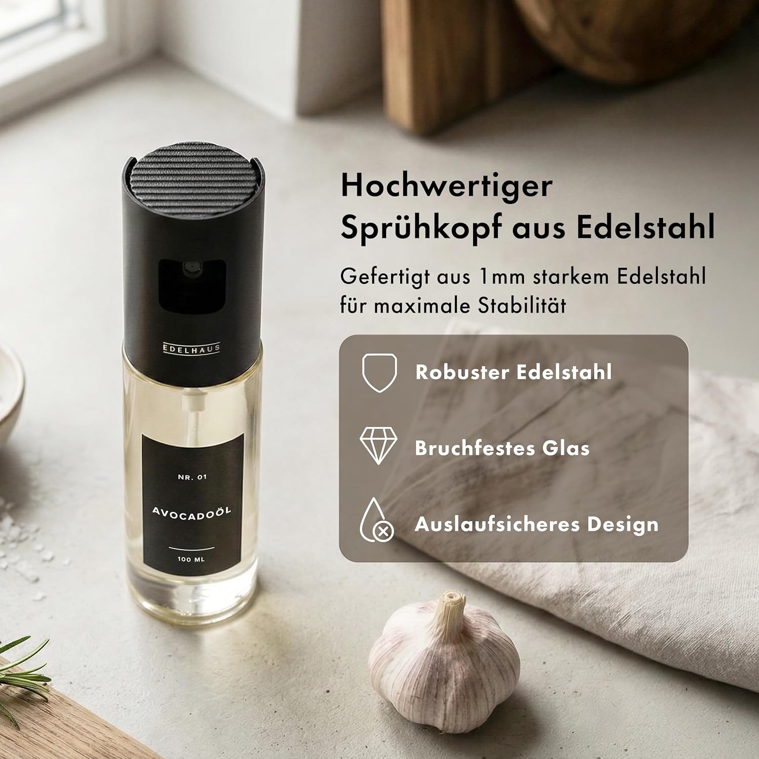 Thumbnail 6 de EDELHAUS Ölsprüher 2er Set aus Edelstahl & Glas – feiner Ölzerstäuber mit Etiketten, Trichter & Silikonpinsel