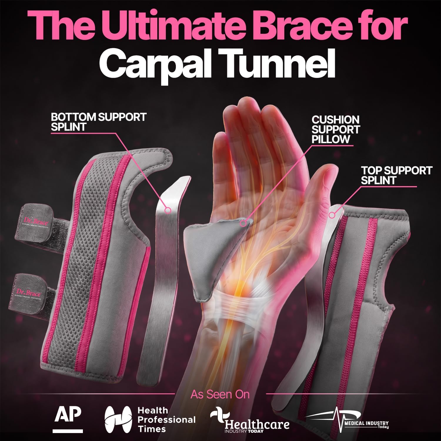Thumbnail 1 de DR. BRACE Day & Night Wrist Brace, Right Hand, S/M, Grey-Pink