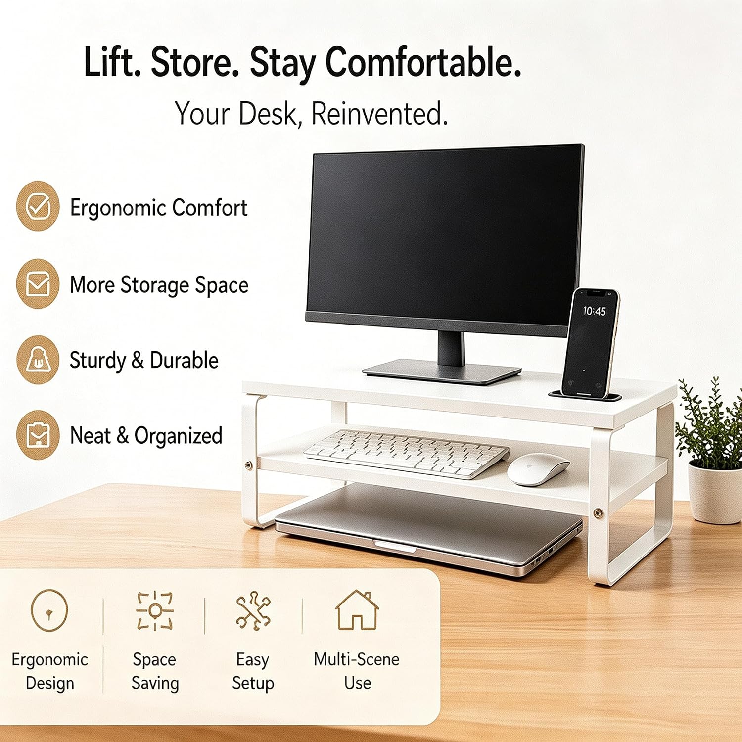 Detalle de DOMSHOCT Monitor Stand Riser with Phone Holder — 2 Tier Ergonomic Desk Accessory