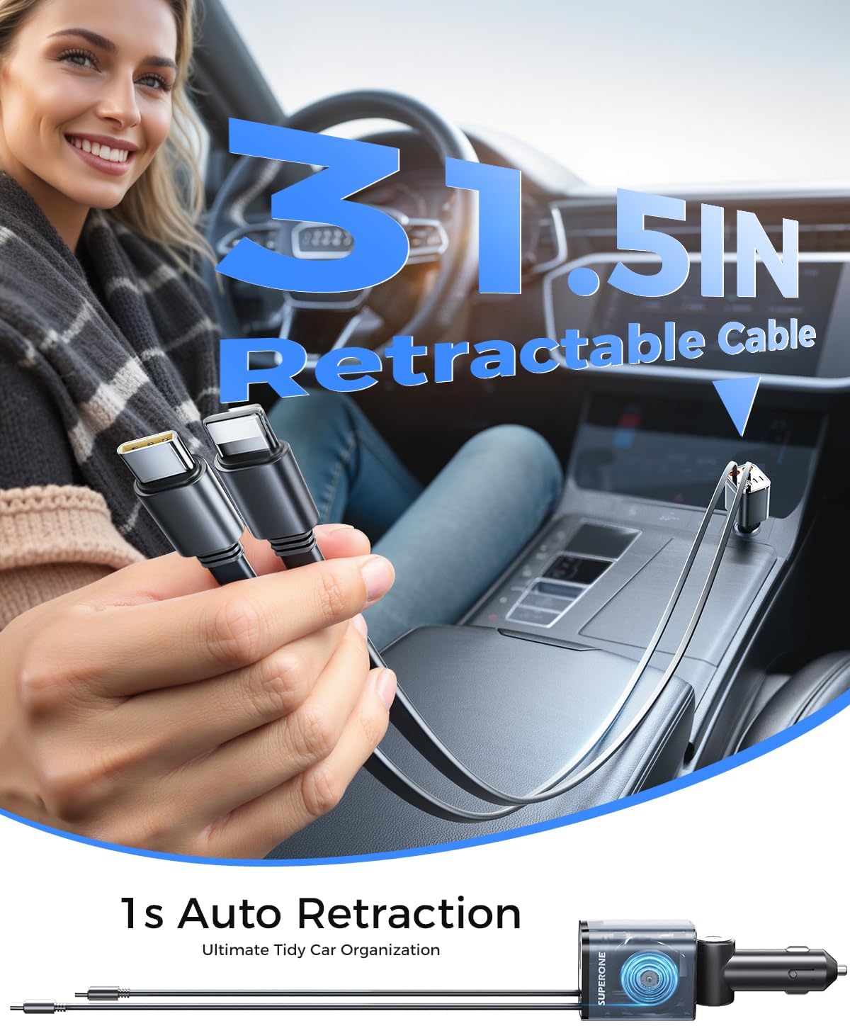 Detalle de SUPERONE Retractable Car Charger: 6-Port, Ultra-Compact with USB-C & Apple Cable