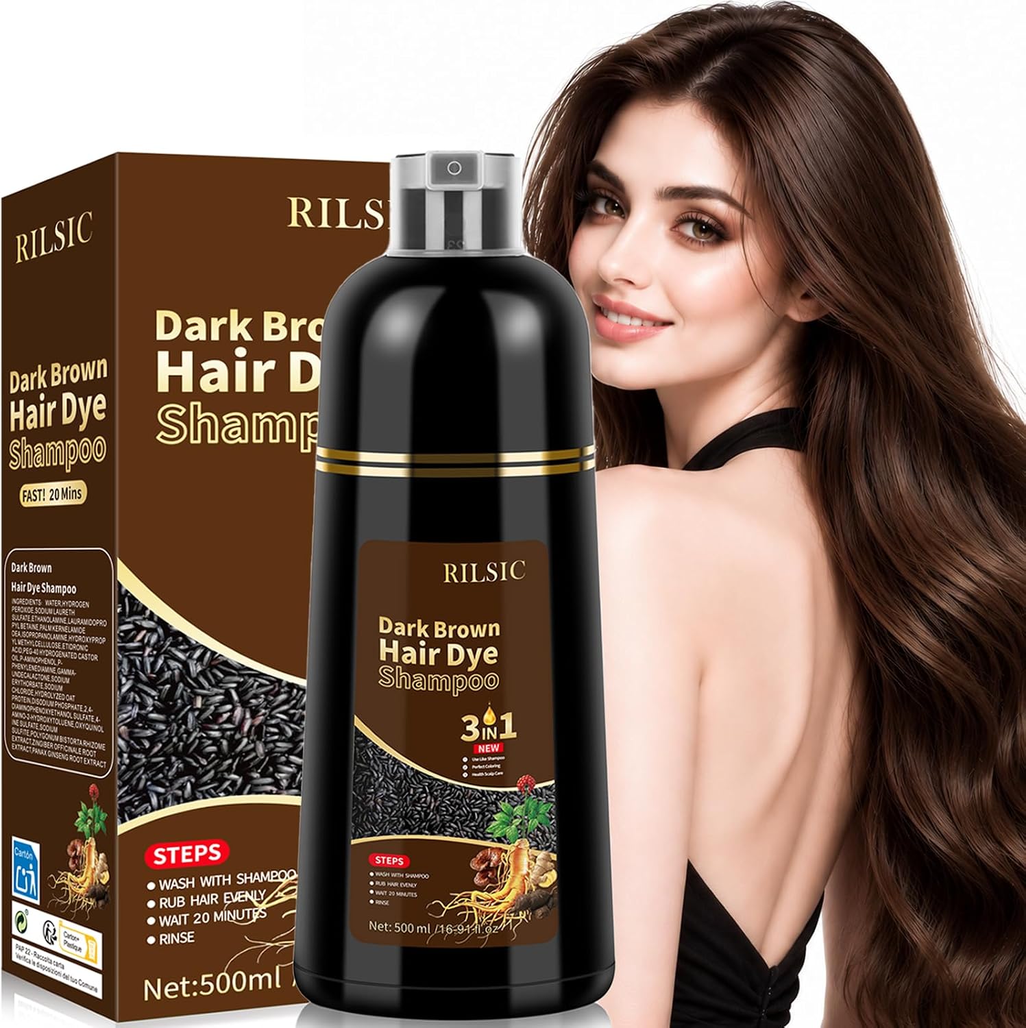 Thumbnail 6 de RILSIC Shampoo Colorante Castano Scuro 500ML – 3 in 1 per Capelli Bianchi