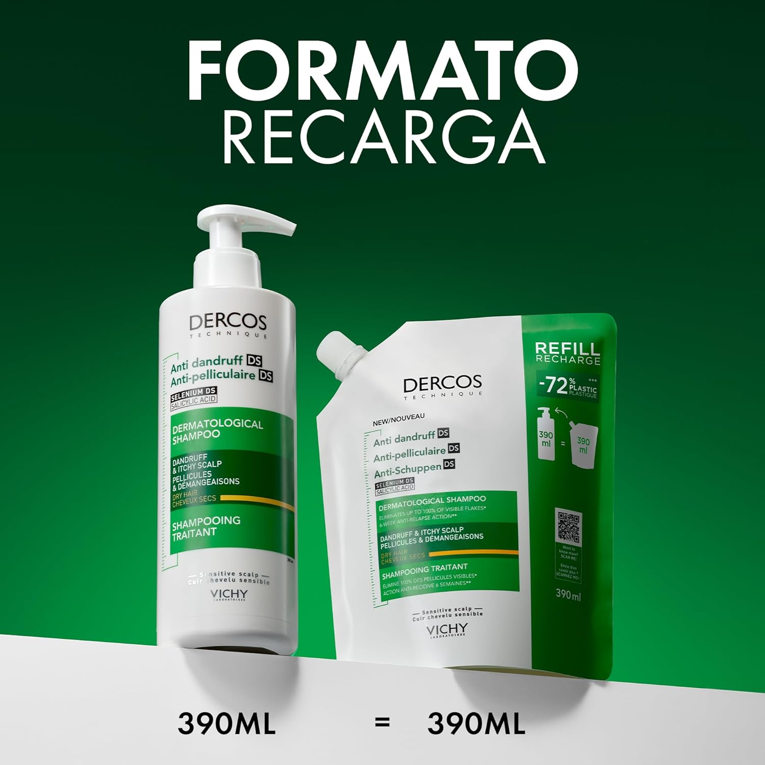 Thumbnail 3 de Vichy Dercos Anti-Dandruff Dermatological Shampoo for Dry Hair, 390 ml Refill Pouch