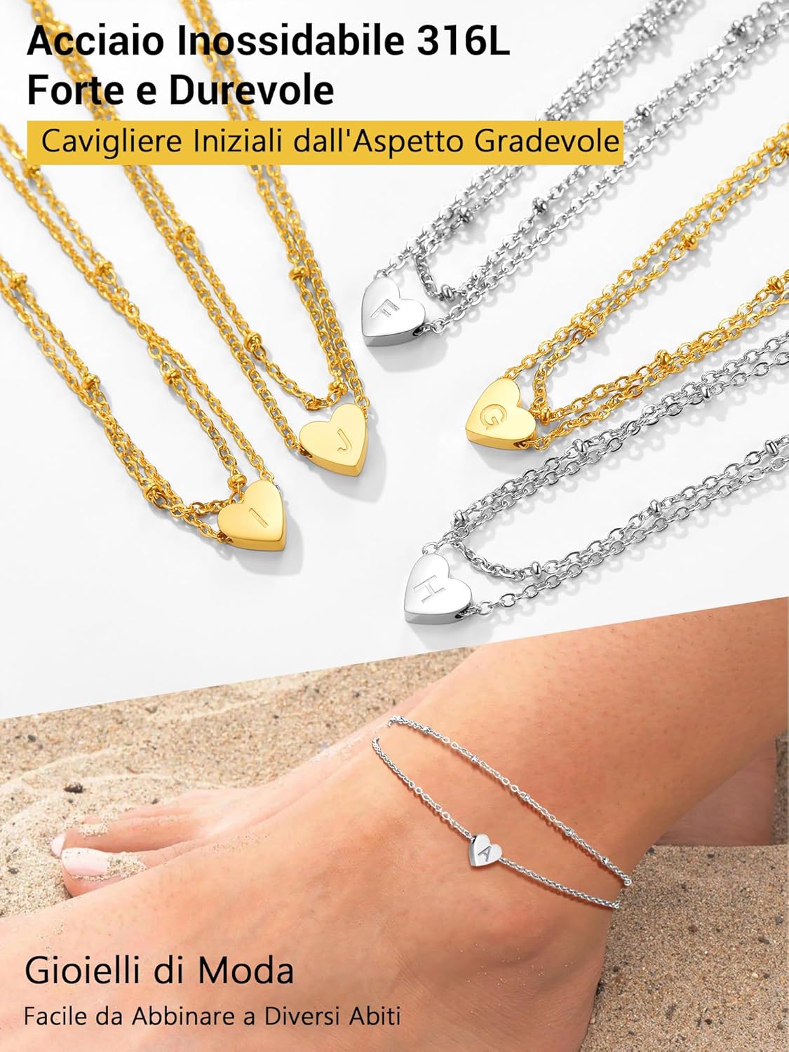 Thumbnail 1 de PROSTEEL Cavigliera donna a doppia catena con iniziali A-Z e pendente cuore in acciaio 316L placcato oro