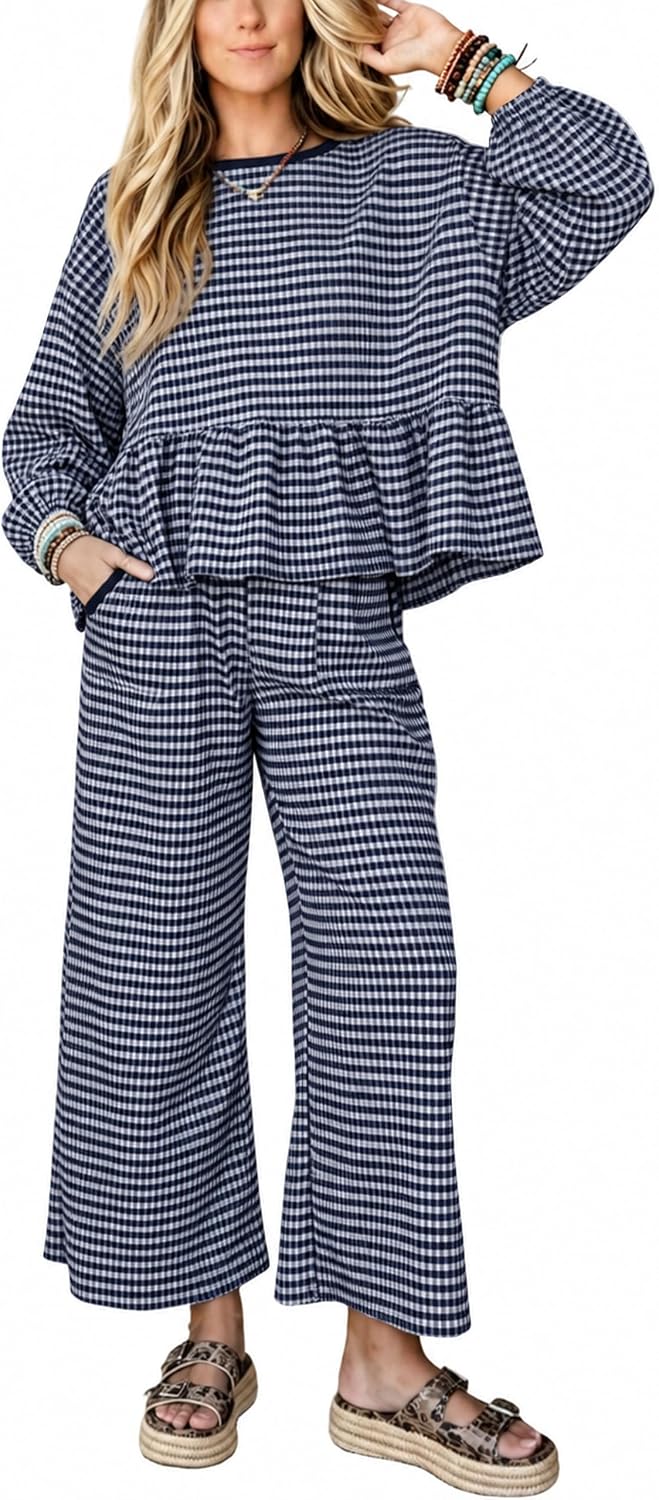 Detalle de APAFES Women's Gingham Two-Piece Lounge Set with Peplum Top and Wide-Leg Pants