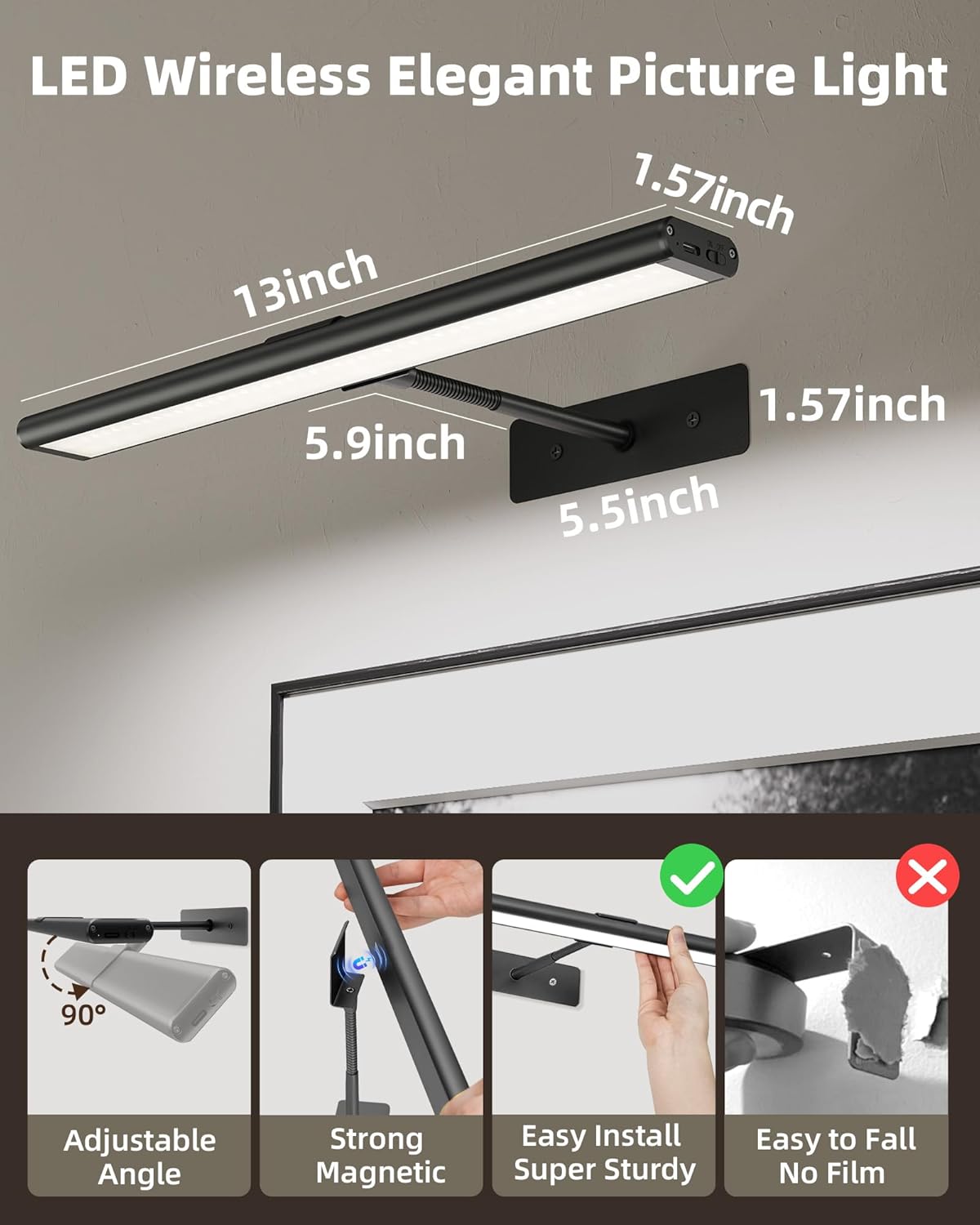 Thumbnail 4 de EZVALO 16 in Rechargeable Picture Light for Wall with Magnetic Mount, USB-C Charging, Remote & Dimmable LED