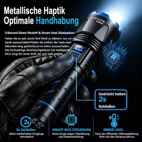 Detalle 2 de Voylite Taschenlampen-2er-Set: 1.000.000 Lumen Extremhell mit Zoom, USB-Aufladung, IPX7, LCD & Wärmeableitung