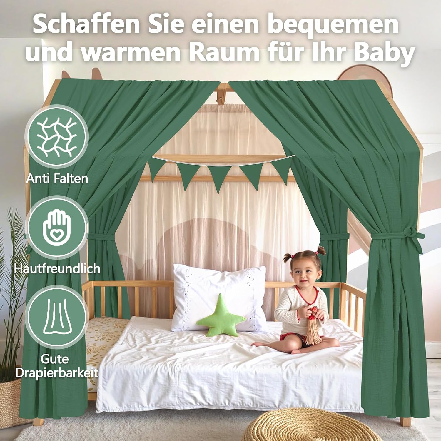 Thumbnail 1 de Alishomtll Hausbett Himmel Deko Set – 2 Betthimmel 135x320 cm, 100% Baumwoll-Musselin, Grün