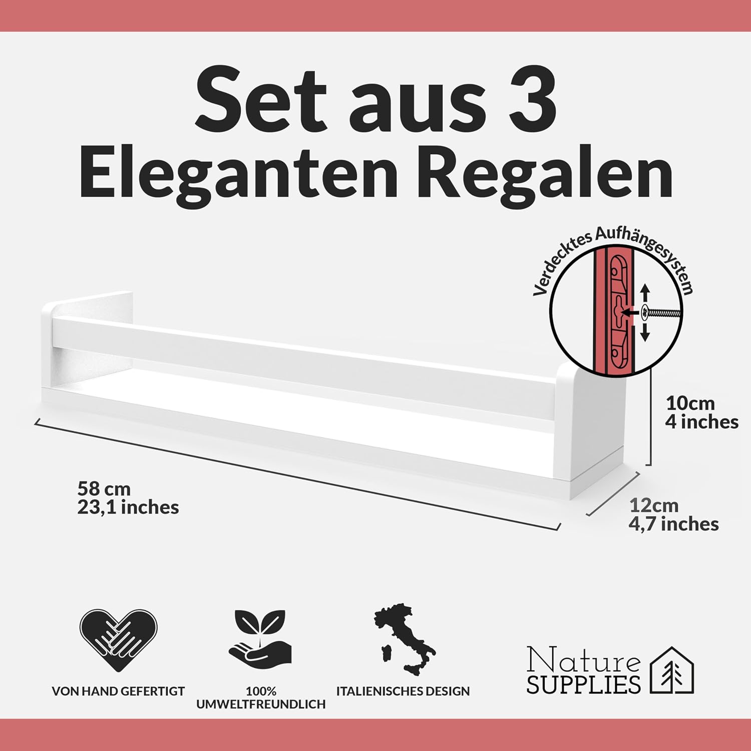 Thumbnail 2 de NATURE SUPPLIES Set: 3 weiße Wandregale aus Massivholz, 58 cm – Montessori Bücherregal für Kinderzimmer