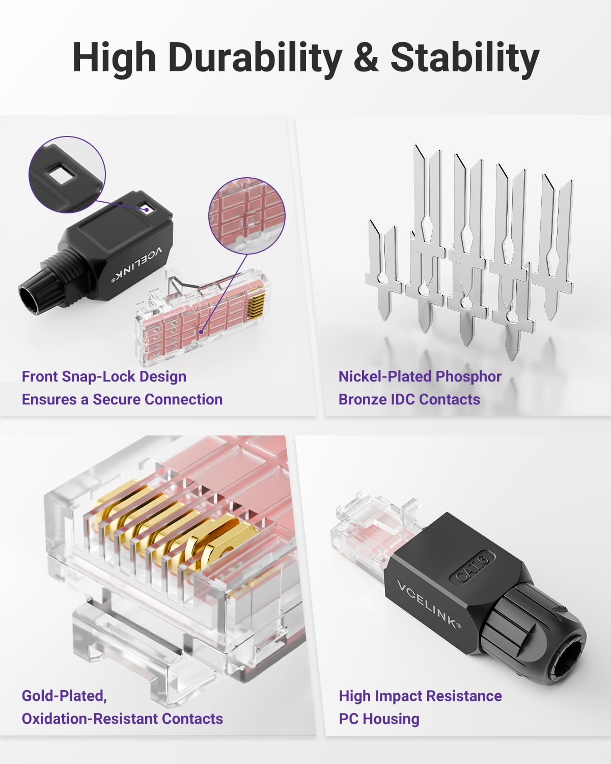 Thumbnail 3 de VCELINK Cat6 Tool-Free RJ45 Connectors (4-Pack) – 1000 Mbps, 250 MHz, Gold-Plated