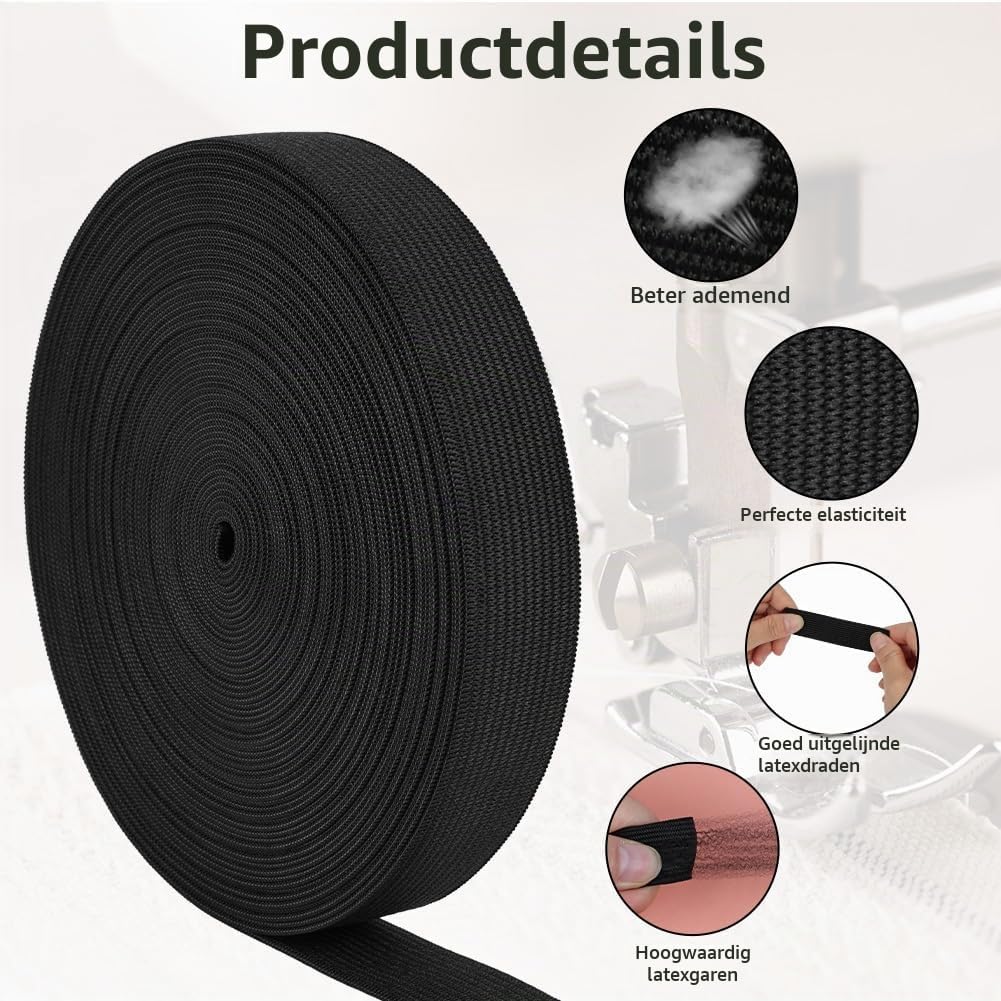 Detalle de AUYAO elastiek 20 mm x 12 m, zwart polyester naairubber