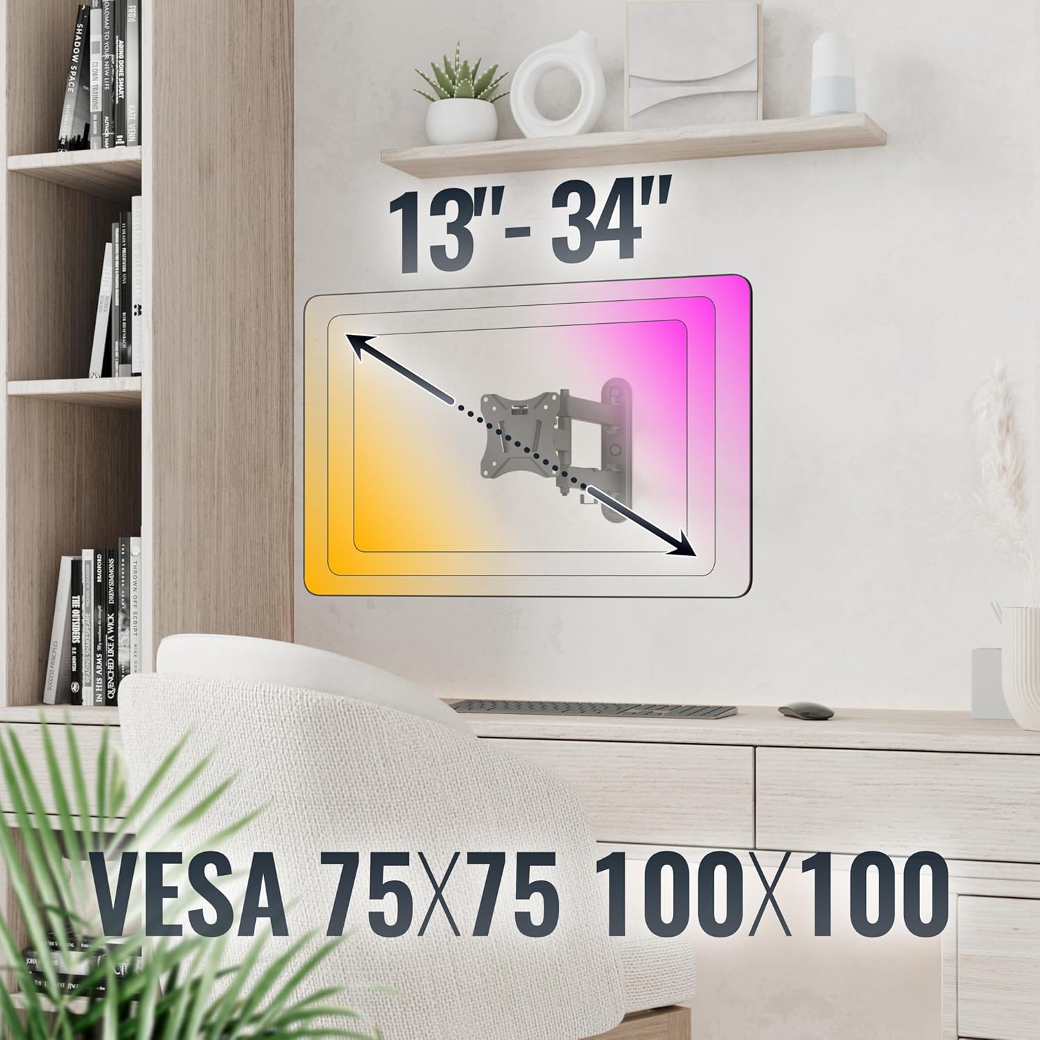 Thumbnail 6 de RICOO S7211 — Support mural inclinable/rotatif universel pour TV et écran PC (VESA 75×75 à 100×100, jusqu’à 25 kg)