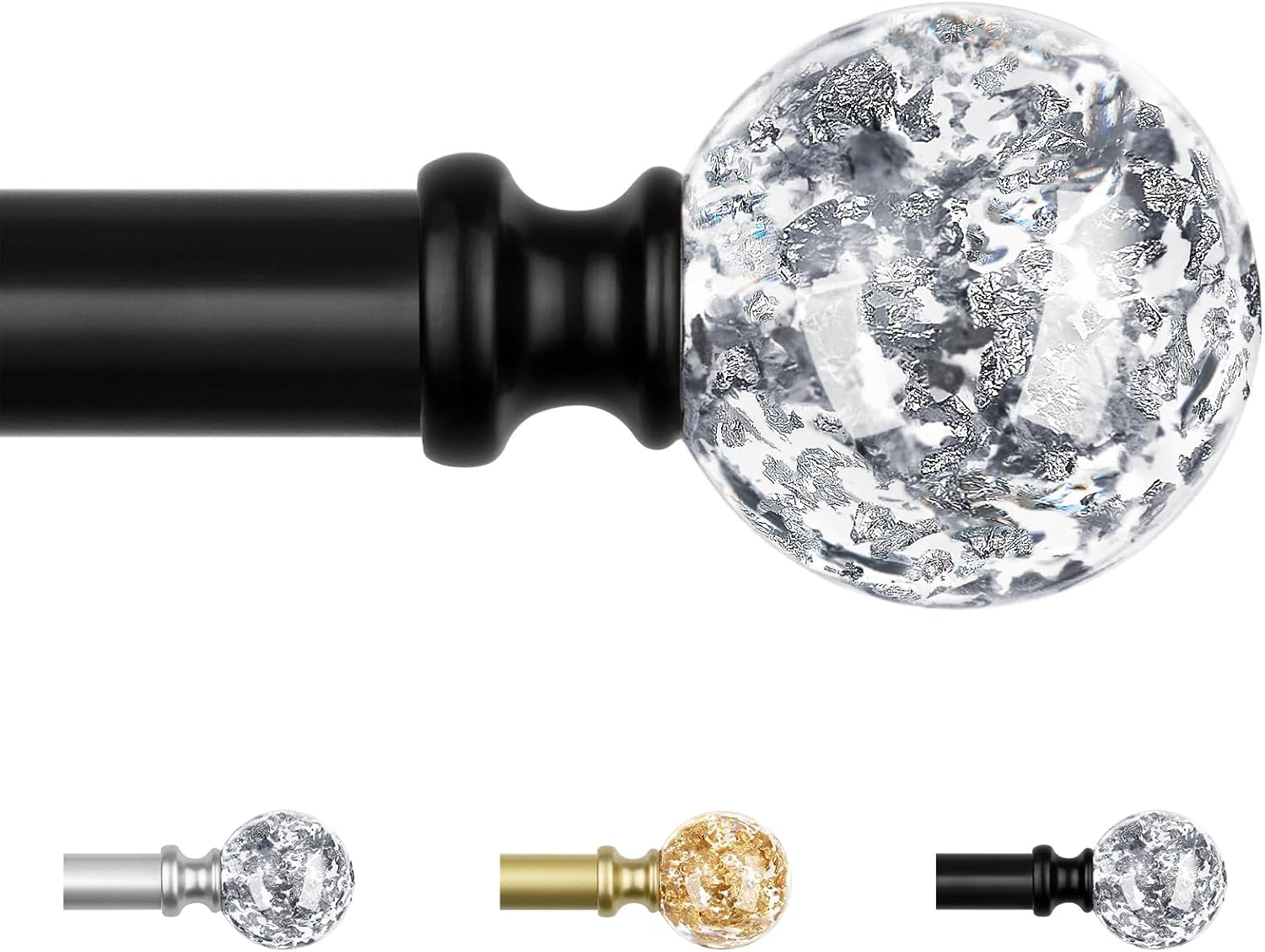 KAMANINA Black Curtain Pole (80 to 218 cm) for eyelet curtains, extendable with round translucent finials