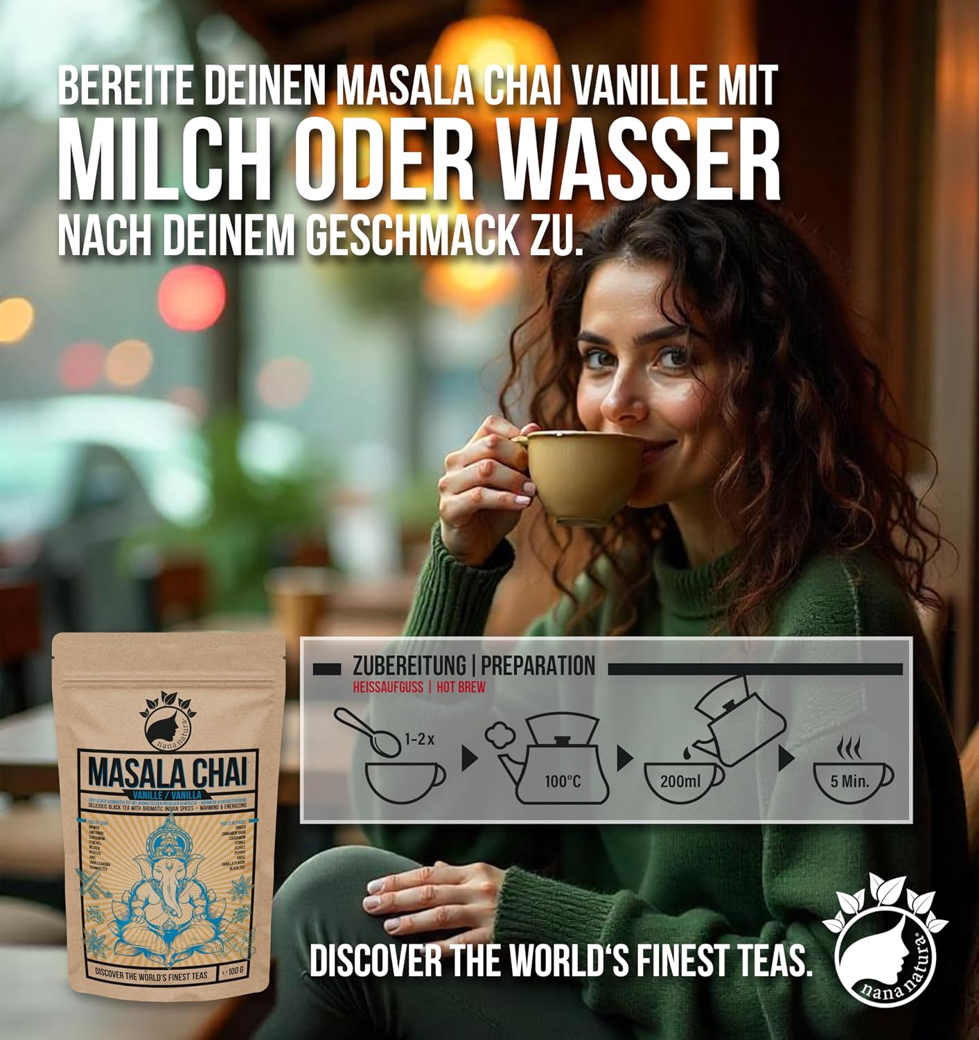 Detalle de NanaNatura's Masala Chai Vanille Tee 100 g – Schwarztee mit indischen Gewürzen & Vanillearoma