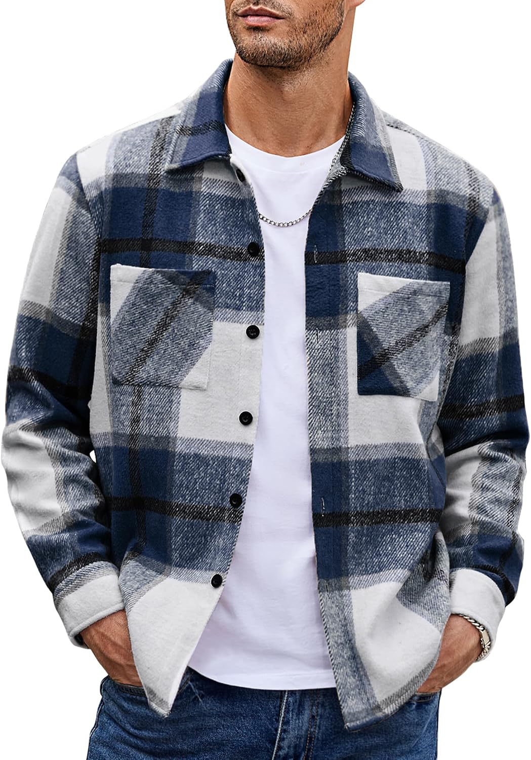 Detalle de COOFANDY Men's Plaid Flannel Shirt Jacket, Long-Sleeve Fleece Shacket