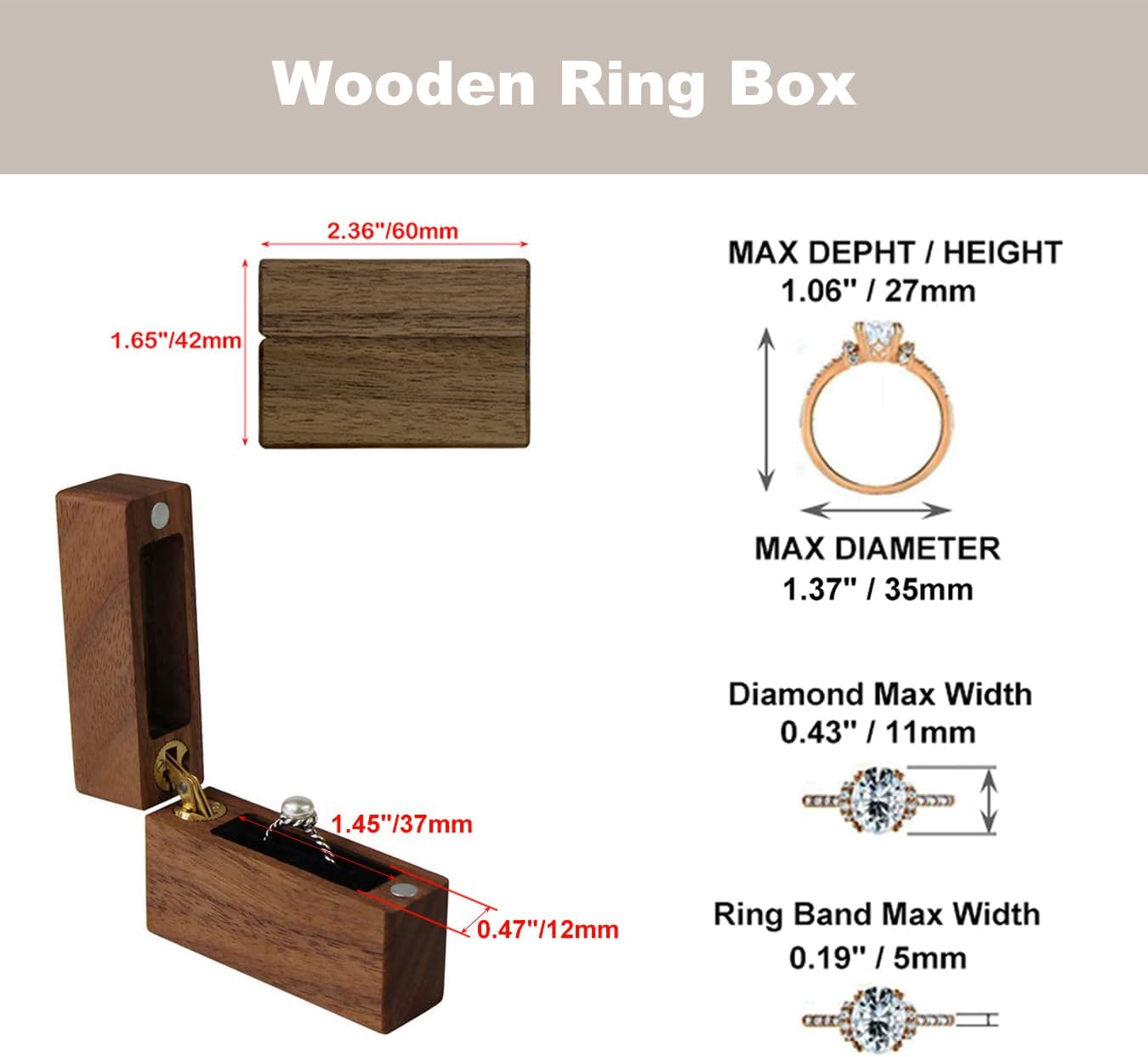 Detalle de aufodara Walnuss Holz Ring Box handgefertigt – Einzigartige Schmuckschatulle