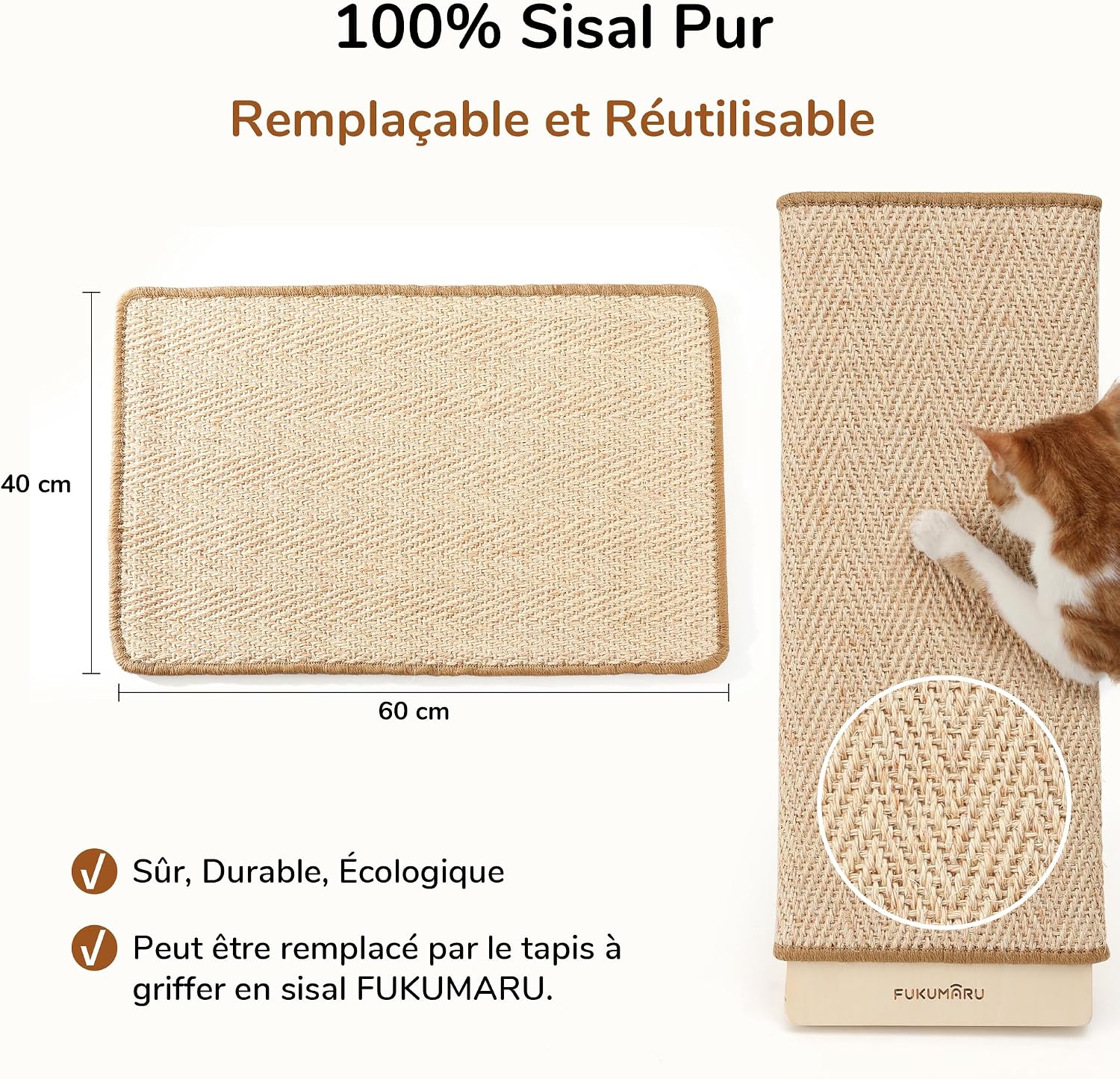 Detalle de FUKUMARU Griffoir pour chat 60 cm en sisal naturel avec rampe et tapis interchangeable (cadre en bois robuste forme de L)
