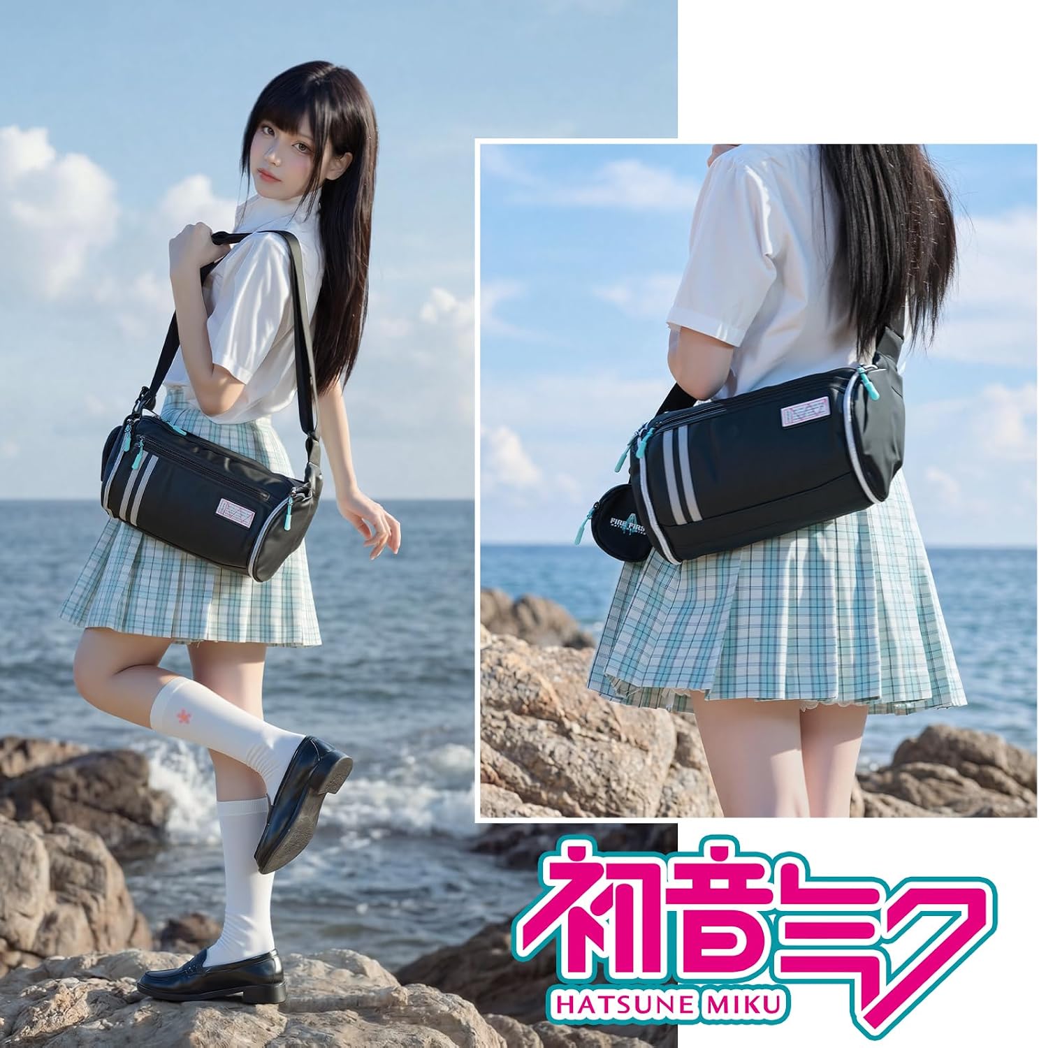 Detalle de FIREFIRST x Hatsune Miku Umhängetasche – Wasserdichte Zweitfachtasche mit dekorativer Kleingeld-/Schmucktasche
