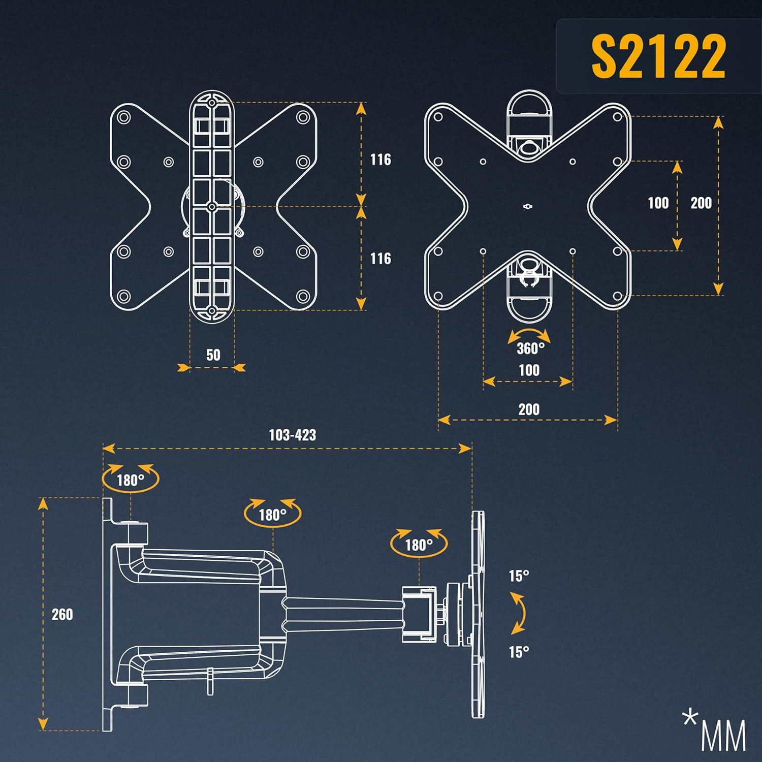 Thumbnail 6 de RICOO Support mural TV orientable et inclinable S2122 (15–37" / 38–94 cm) compatible VESA 100×100 à 200×200