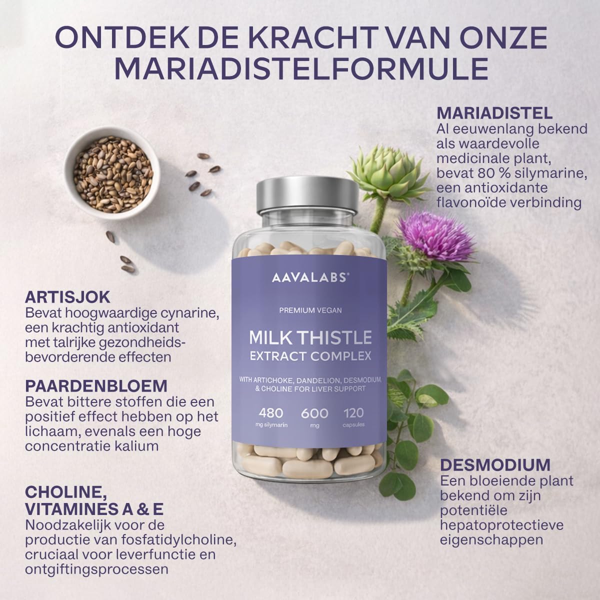 Detalle de AAVALABS Mariadistelcomplex, 120 tabletten met 80% silymarine en kruidenmix