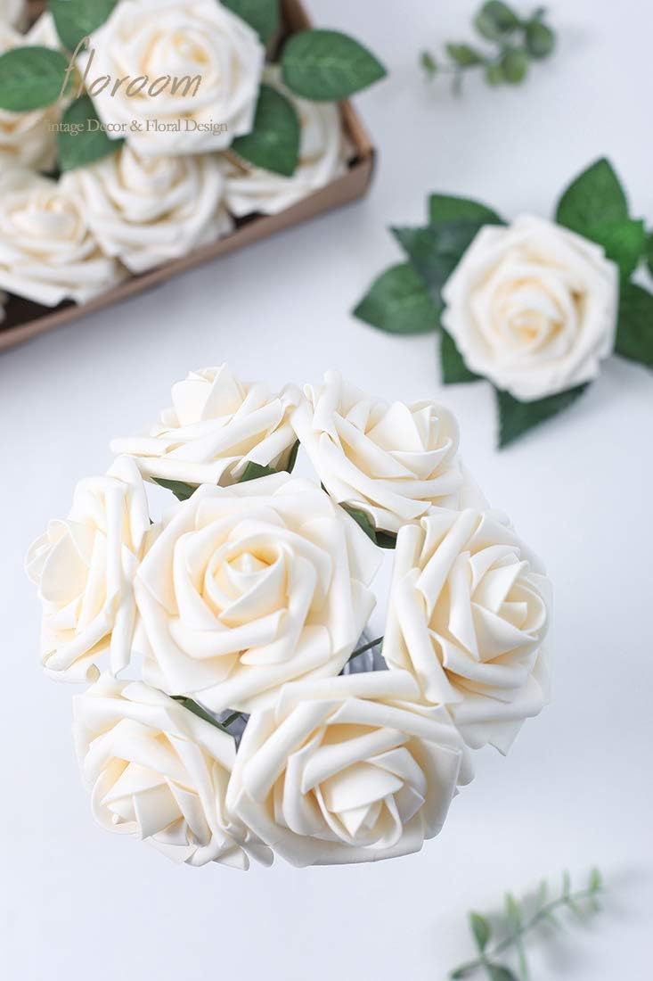 Thumbnail 1 de Floroom 50pcs Real Looking Cream Foam Roses with Stems – DIY Wedding & Event Floral Pack