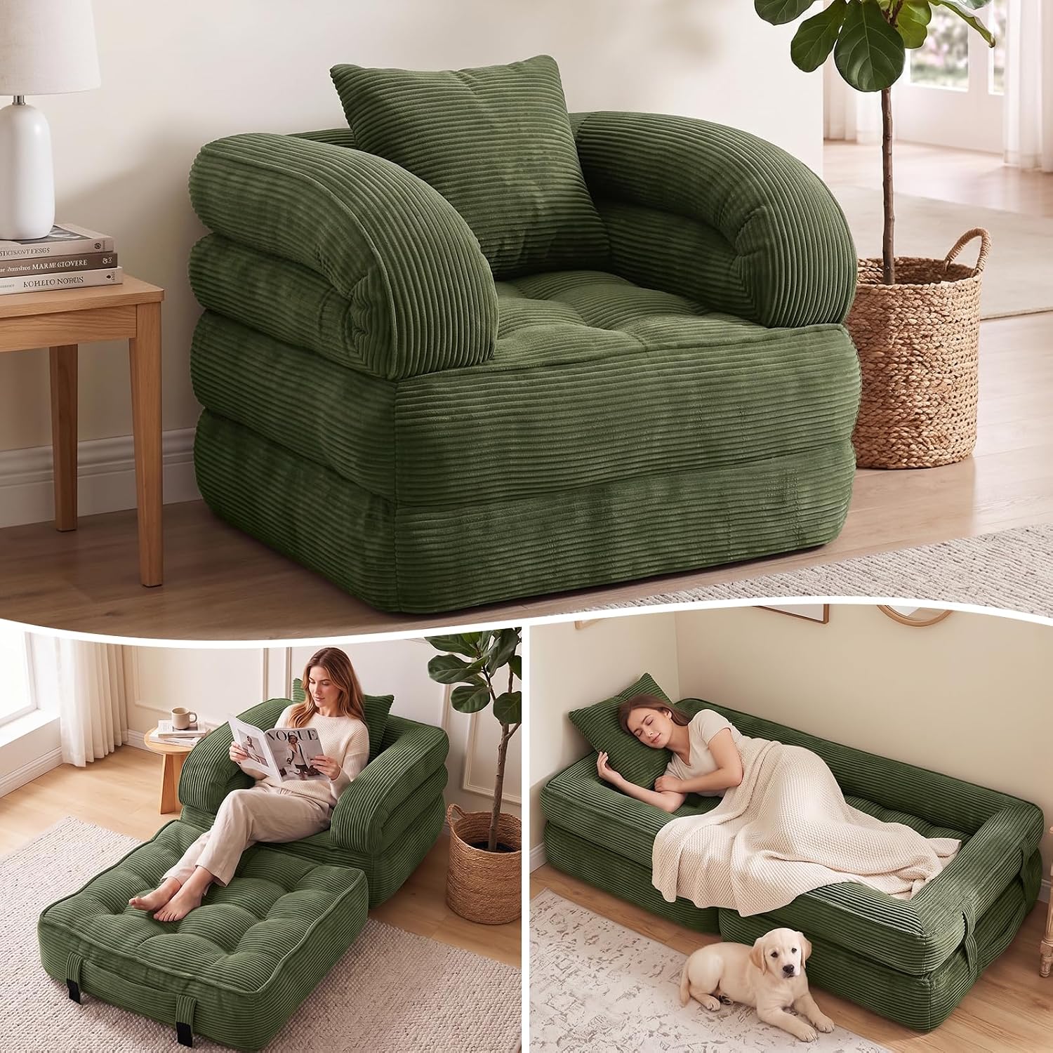 Detalle de CUBIOU Y8022-Dark Green Convertible Sofa Bed, Corduroy 3-in-1 Floor Chair