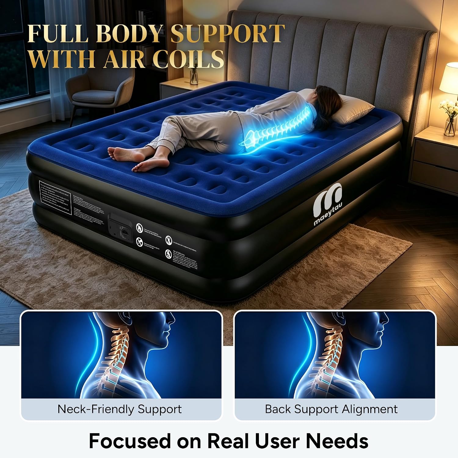 Detalle de Maeytau AIRM-Queen Queen Air Mattress, 18-Inch Raised with Built-In Pump