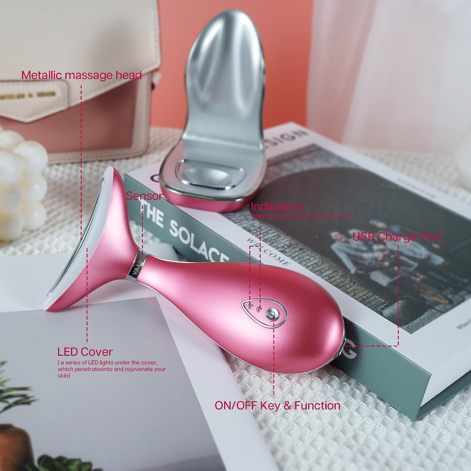 Detalle de VRAIKO LILY Massaggiatore viso-collo: triple azione LED termico per sollevamento e rassodamento, Rosa intenso