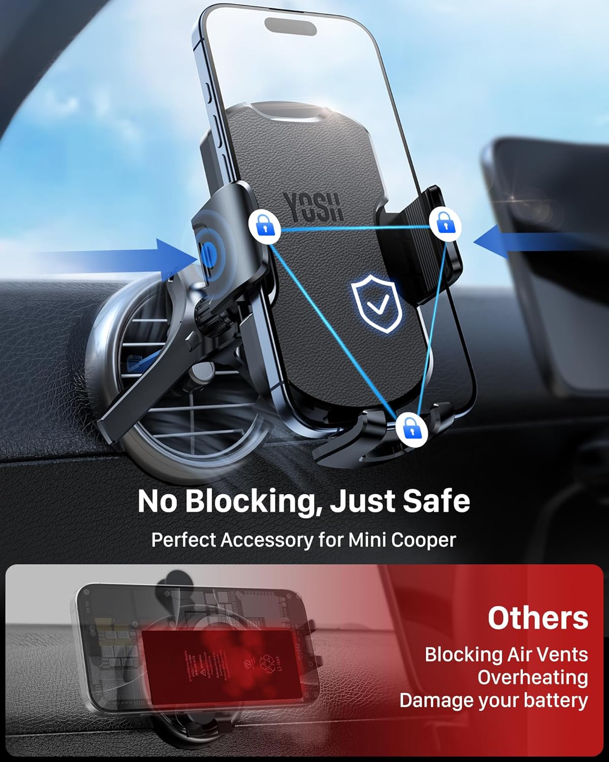 Detalle de YOSH Supporto Auto per Bocchette TONDE: Stabilità e Design in Pelle per Smartphone in Auto