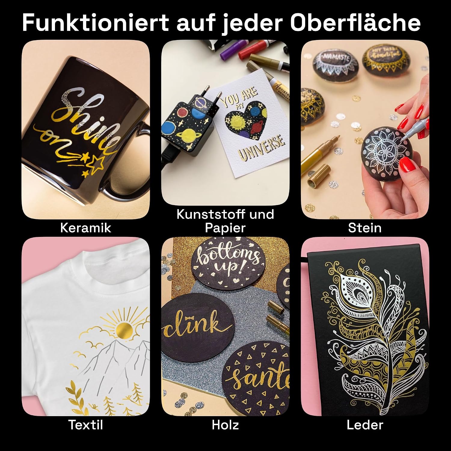 Detalle de Artistro 6 Gold & Silber Acrylstifte (wasserbasiert) – 6er Set mit extra-feiner Spitze für Stein, Keramik, Glas & mehr