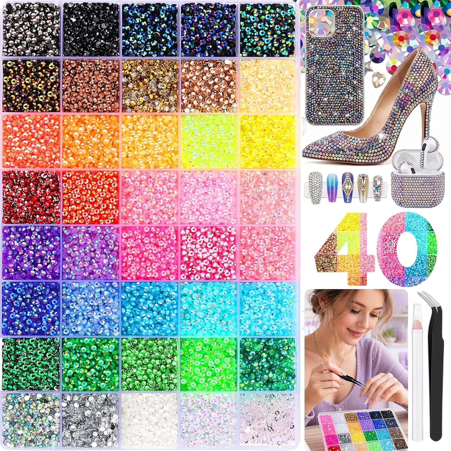 Detalle de ZORVENIX Bedazzling nagelstrass-steentjes 3 mm, 40 kleuren met pincet en wasstift